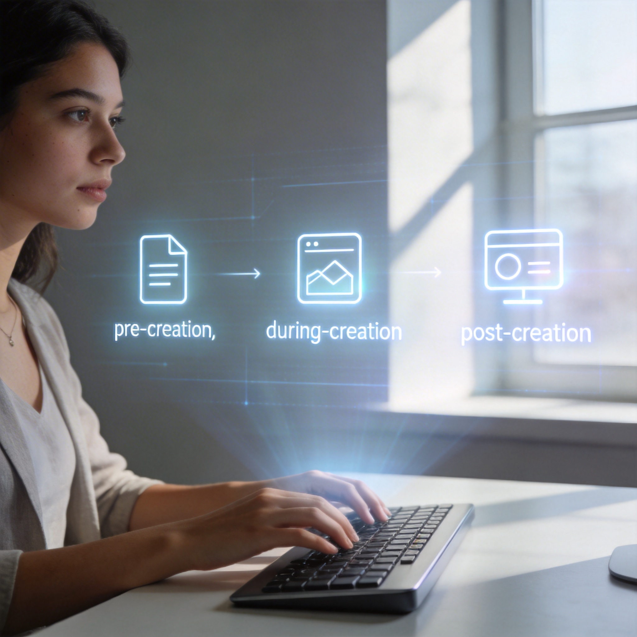 Content creator interacting with a holographic workflow display, illustrating pre-, during-, and post-creation phases.