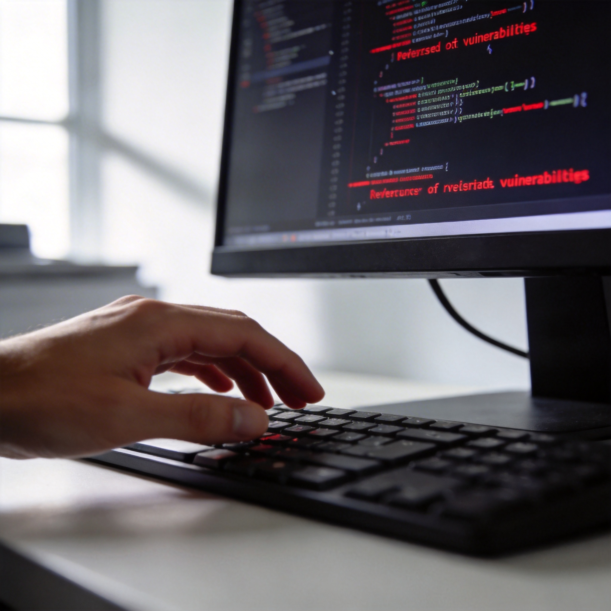 Code on screen with red vulnerability highlights, human hand on keyboard.