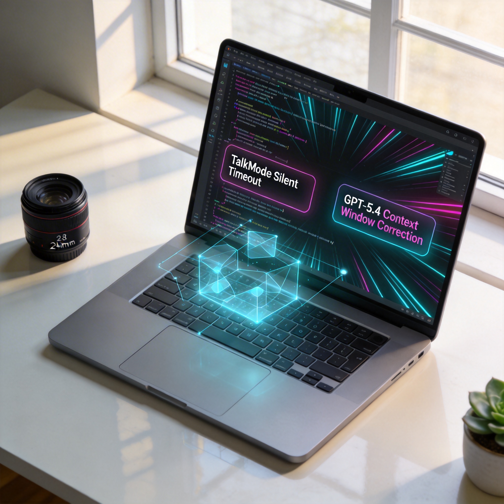 Modern desk with laptop displaying code and holographic elements representing new OpenClaw features.