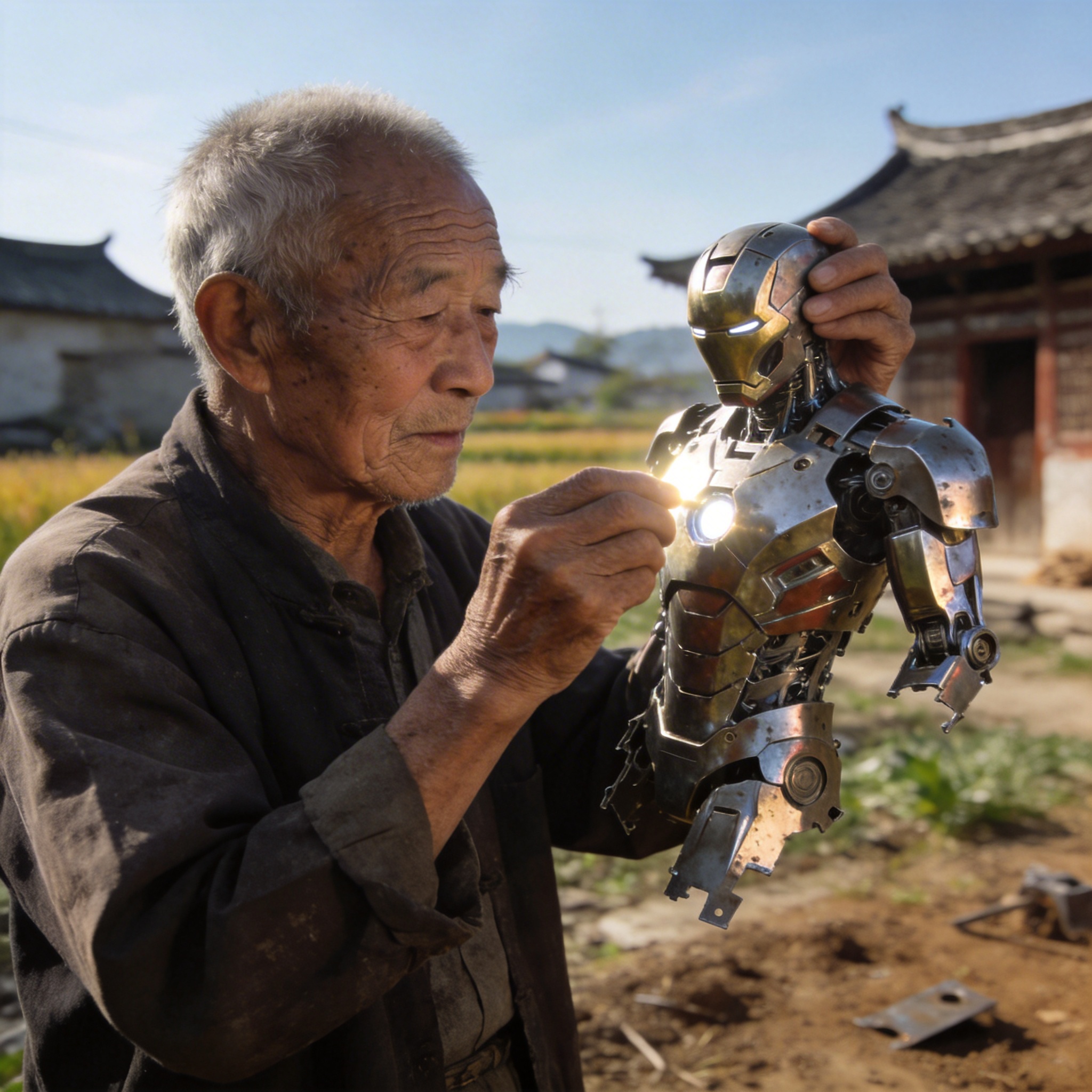 Elderly farmer inspecting a piece of Iron Man armor scrap in a rural setting.