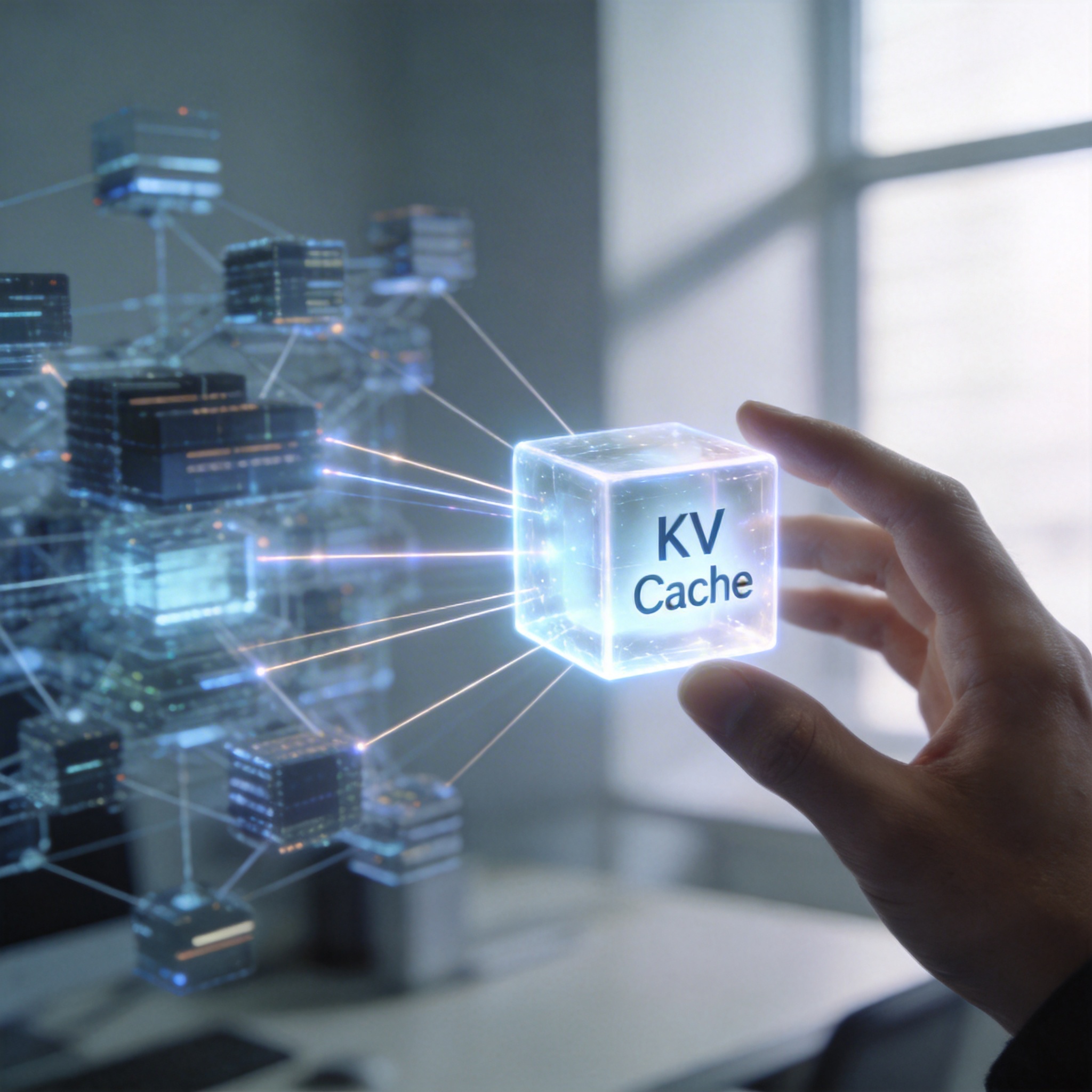 Abstract depiction of KV Cache as a central memory hub for AI agent tasks.