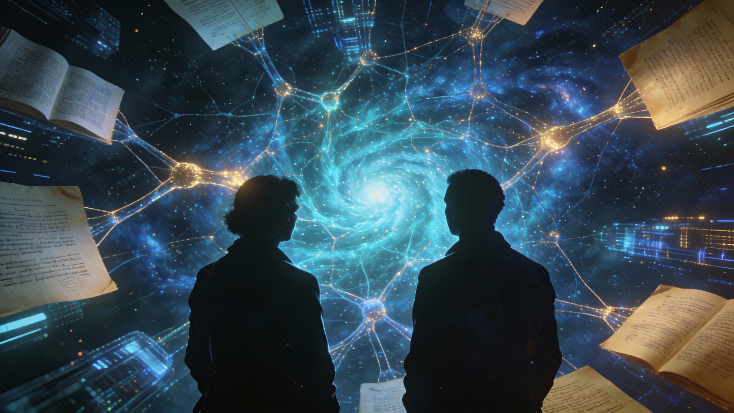 Abstract digital illustration showing two silhouettes observing a glowing, galaxy-like neural network expanding into the distance.