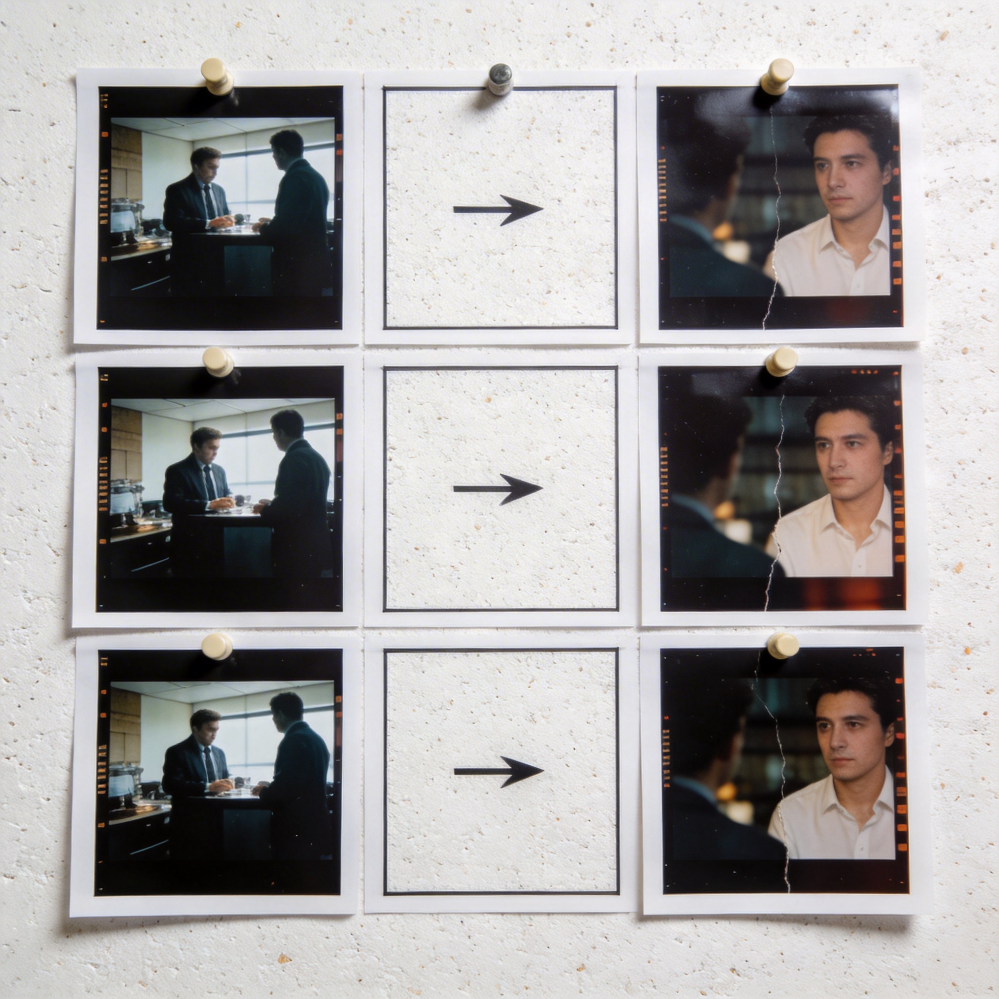 Nine-panel storyboard showing logical and illogical sequences, illustrating AI storyboarding challenges.