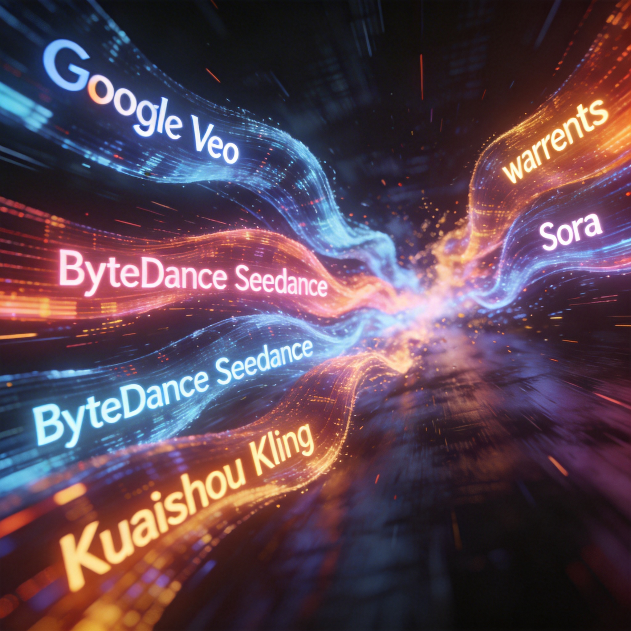 Digital waves representing competing AI video models clashing, with one wave receding, symbolizing market competition.