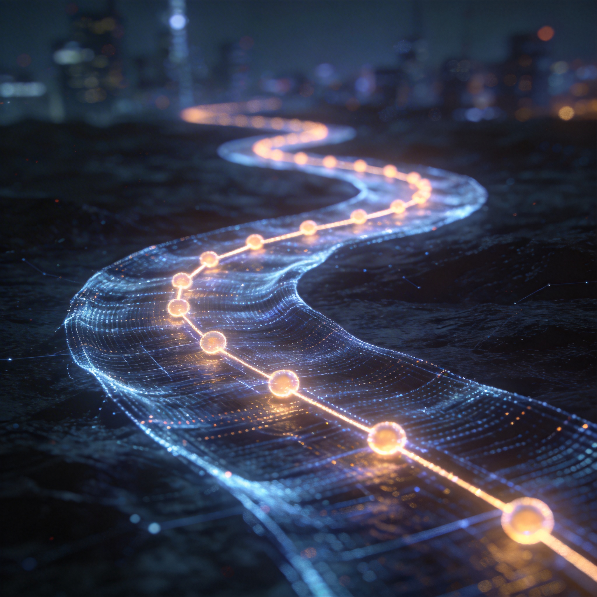 Winding digital pathway with glowing nodes, symbolizing long-horizon AI tasks.