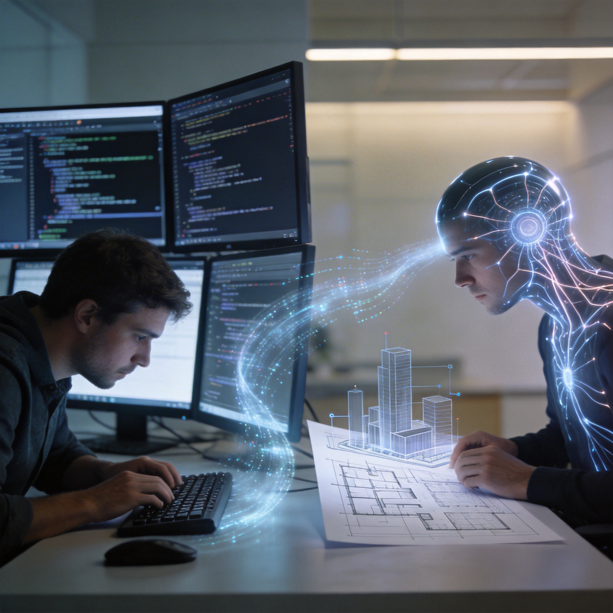 Visual metaphor showing programming evolving from human coding to AI-assisted strategic design.