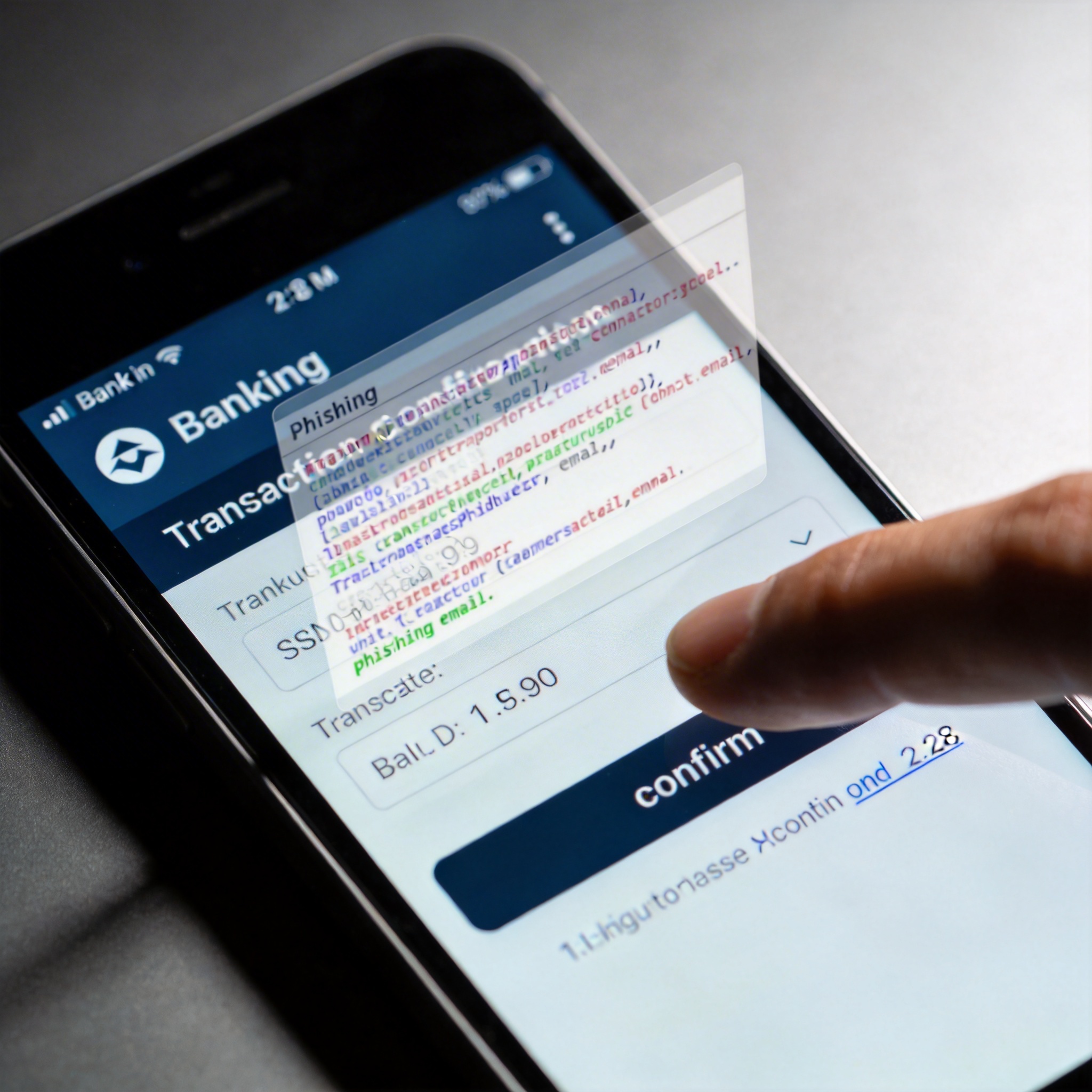 Smartphone screen showing banking transaction with hidden malicious code, illustrating prompt injection attack.