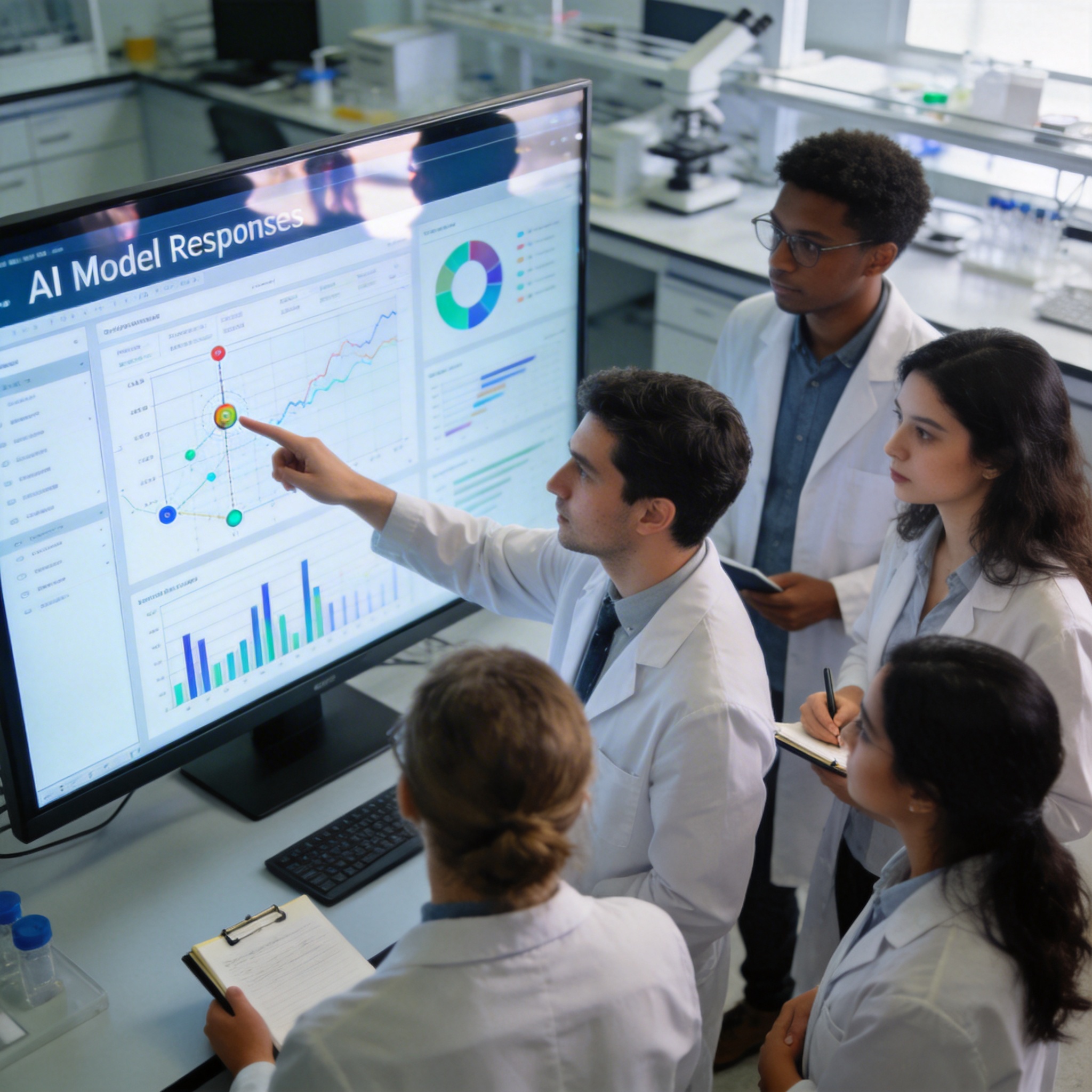 Researchers analyzing AI response data on a large screen in a modern lab.