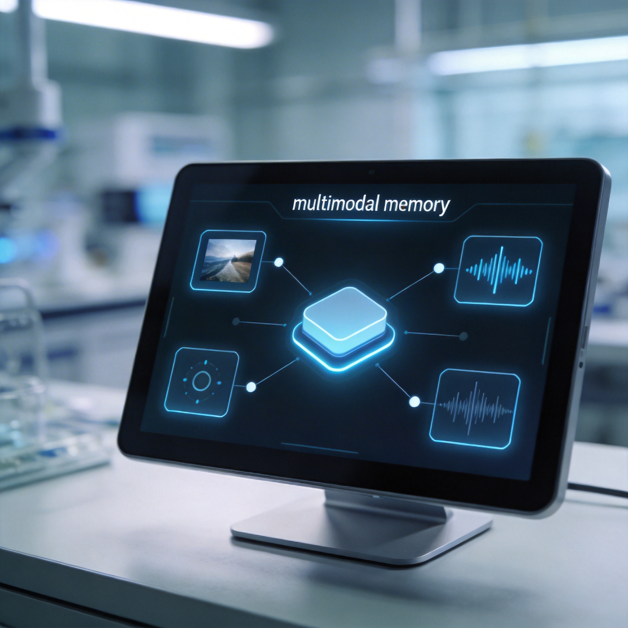 Digital interface showing multimodal memory with image and audio indexing, powered by Gemini.