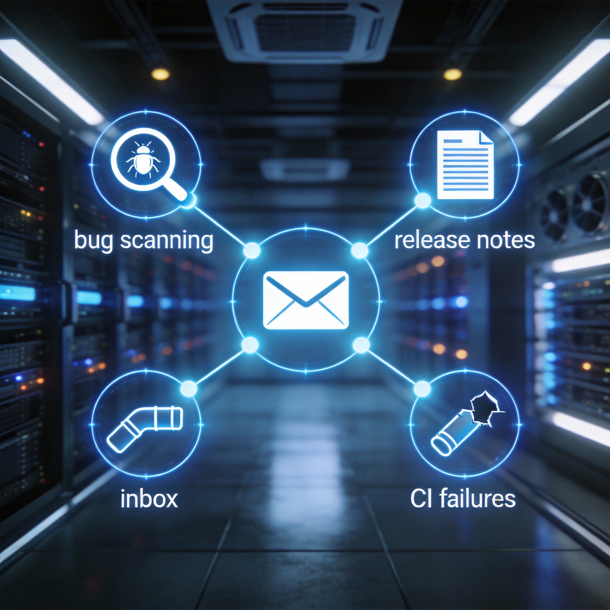 Abstract visualization of automated engineering tasks like bug scanning and release note generation.