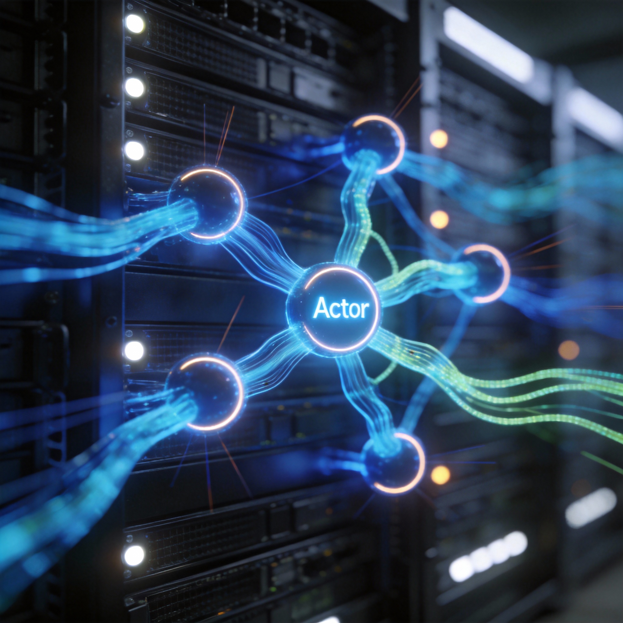 Visual representation of a distributed Actor model with glowing nodes and dynamic data streams, symbolizing fault tolerance.