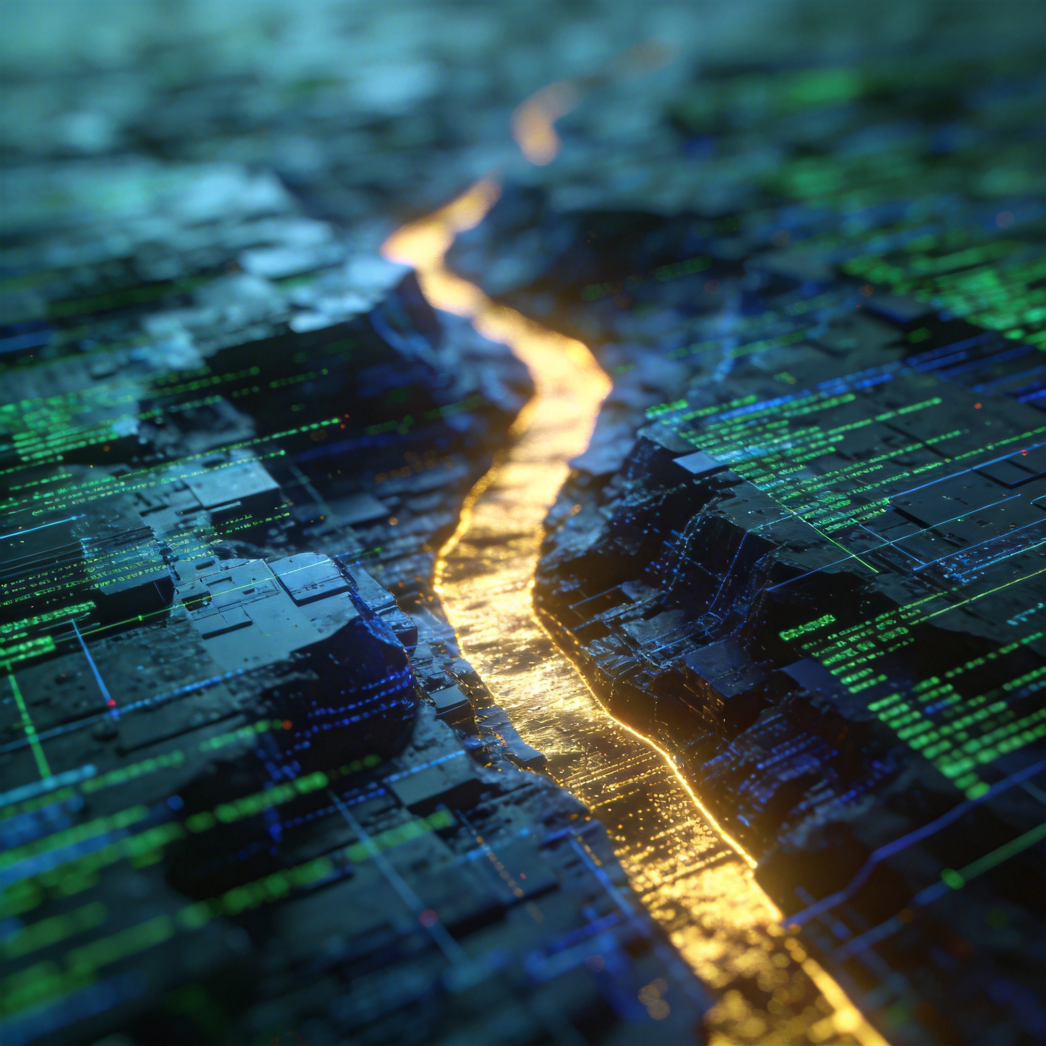 Luminous pathway cutting through fragmented data, symbolizing complex data resolution.
