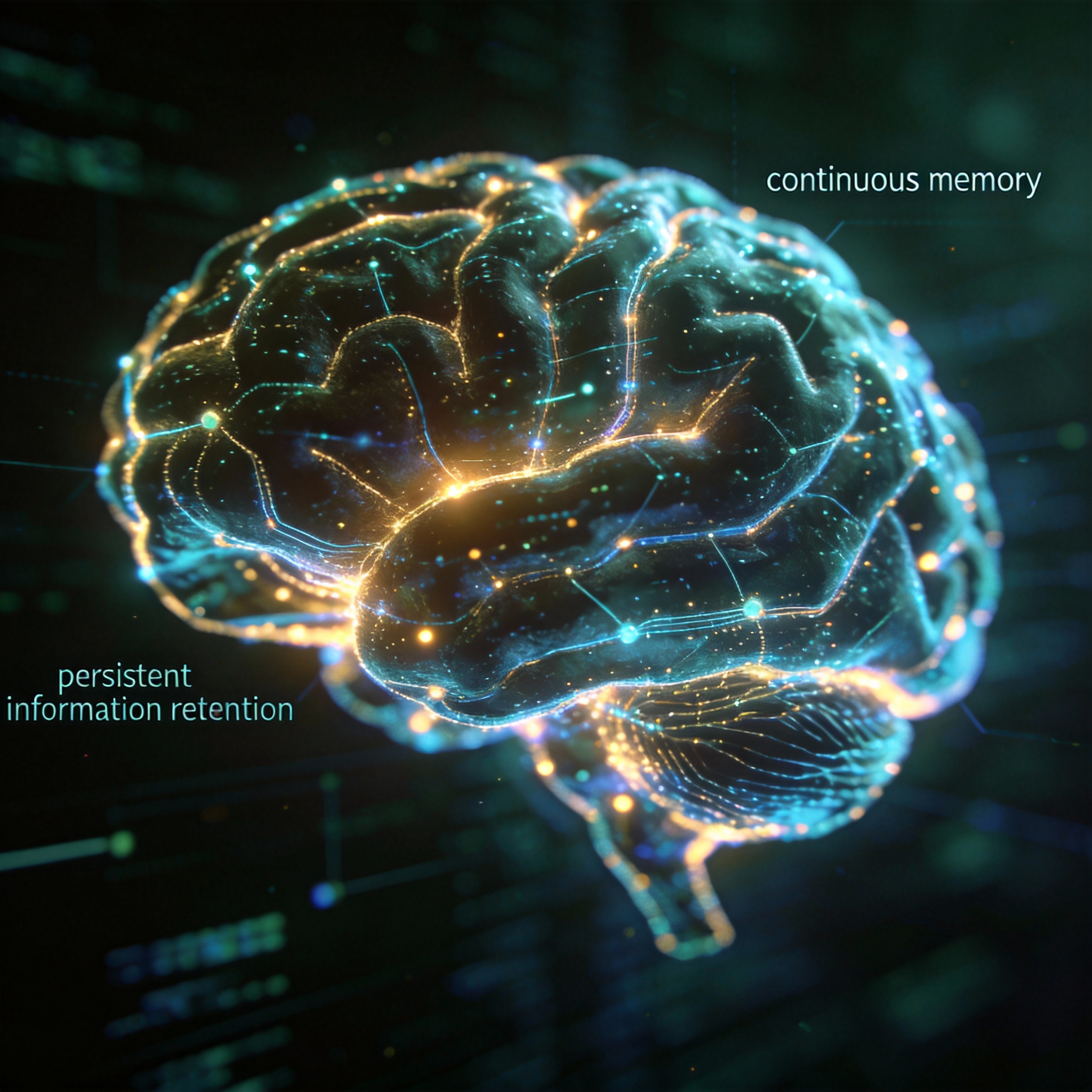 Abstract glowing neural network symbolizing AI memory and information retention.