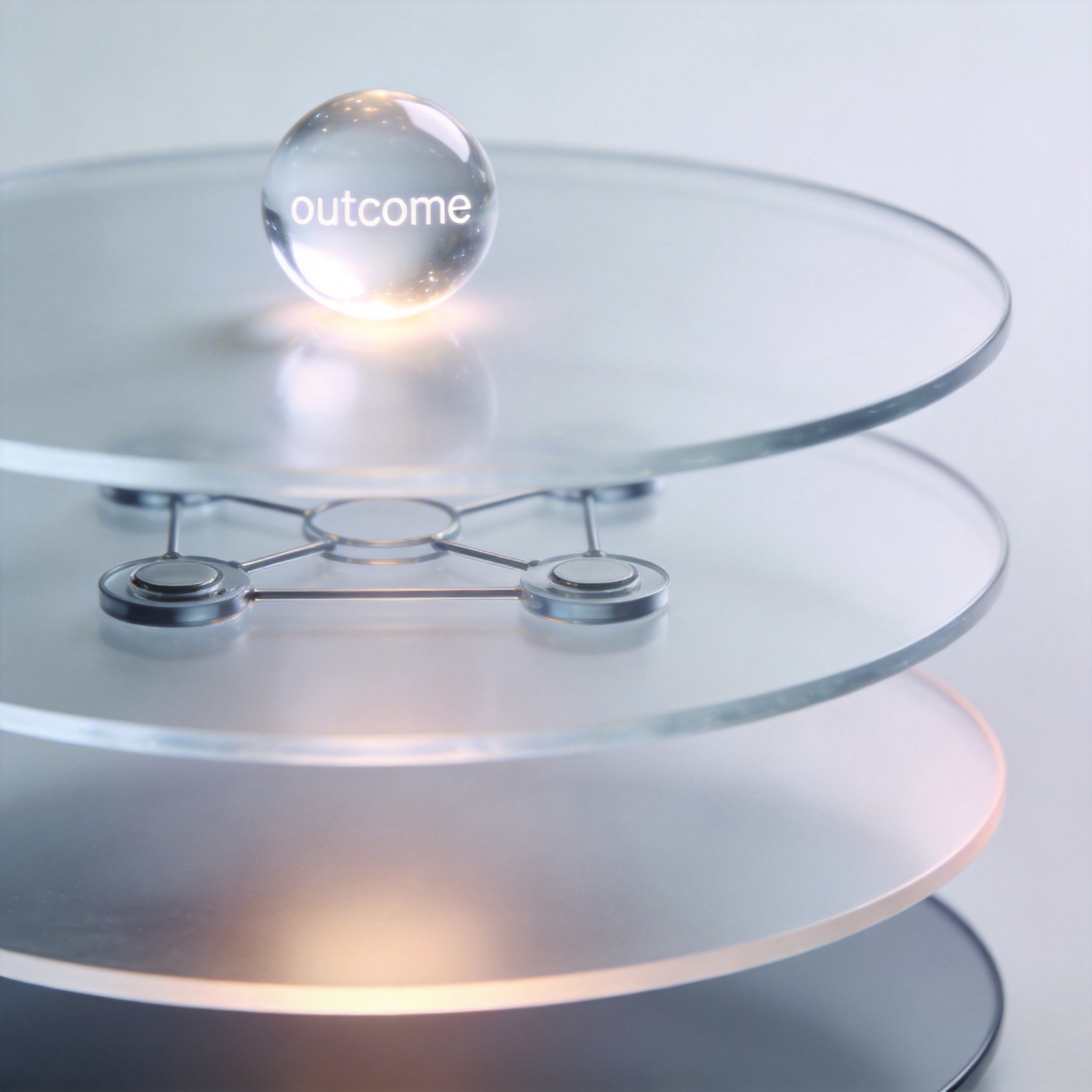Abstract four-layer architecture diagram, showing distinct translucent planes leading to a clear outcome sphere.