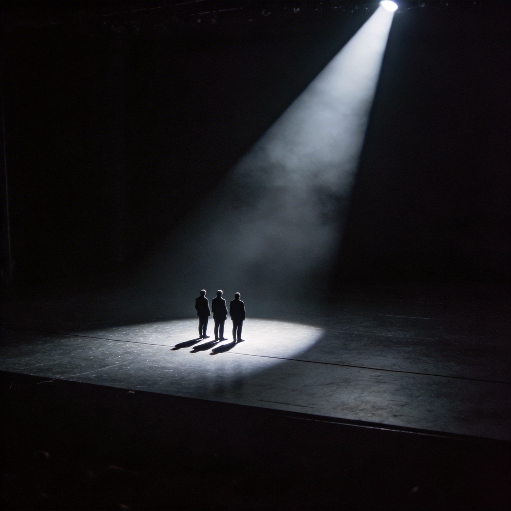 Three silhouetted figures under a spotlight on a dark stage, symbolizing the remaining xAI founders.
