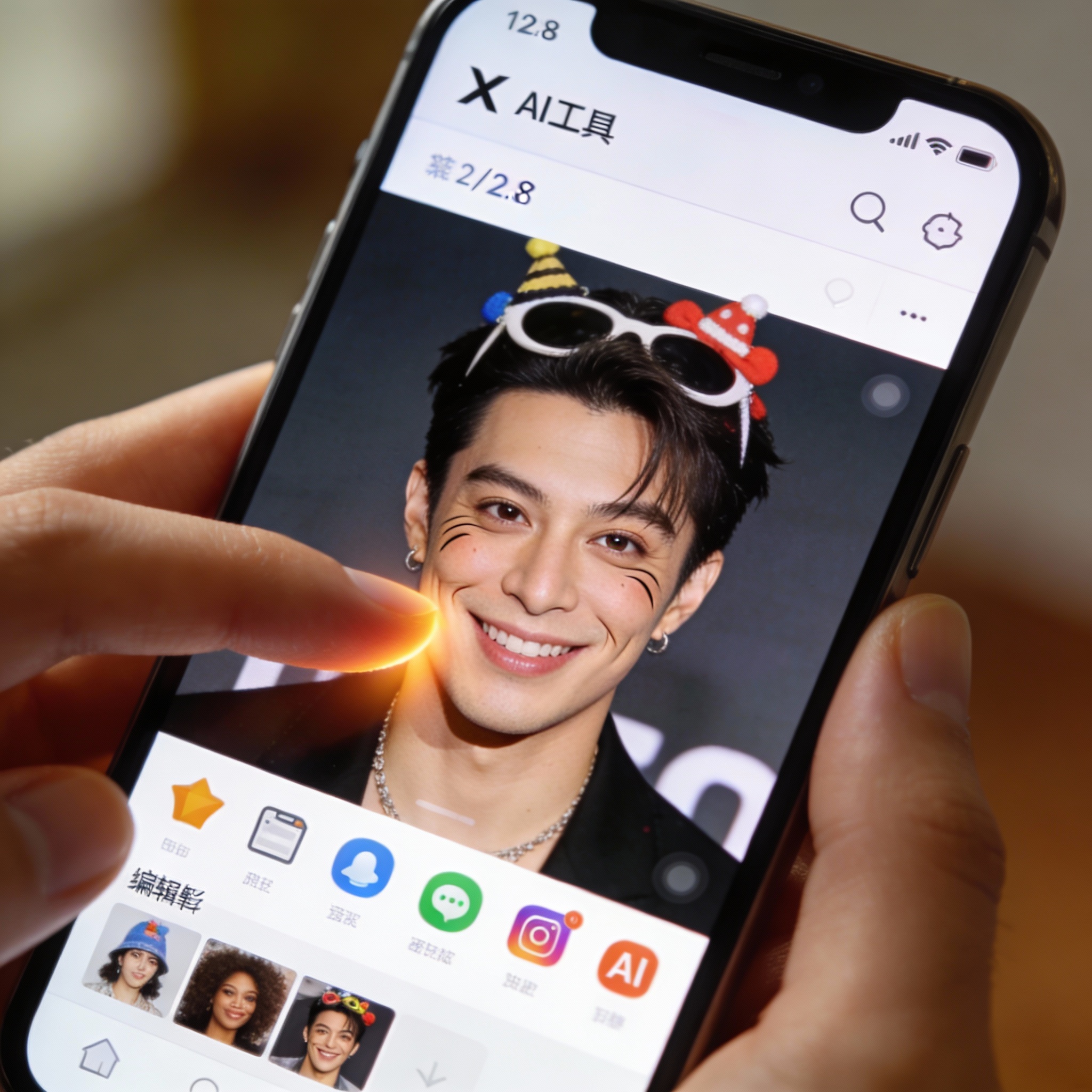 Smartphone screen showing X platform with AI image editing, humorous celebrity photo alteration.