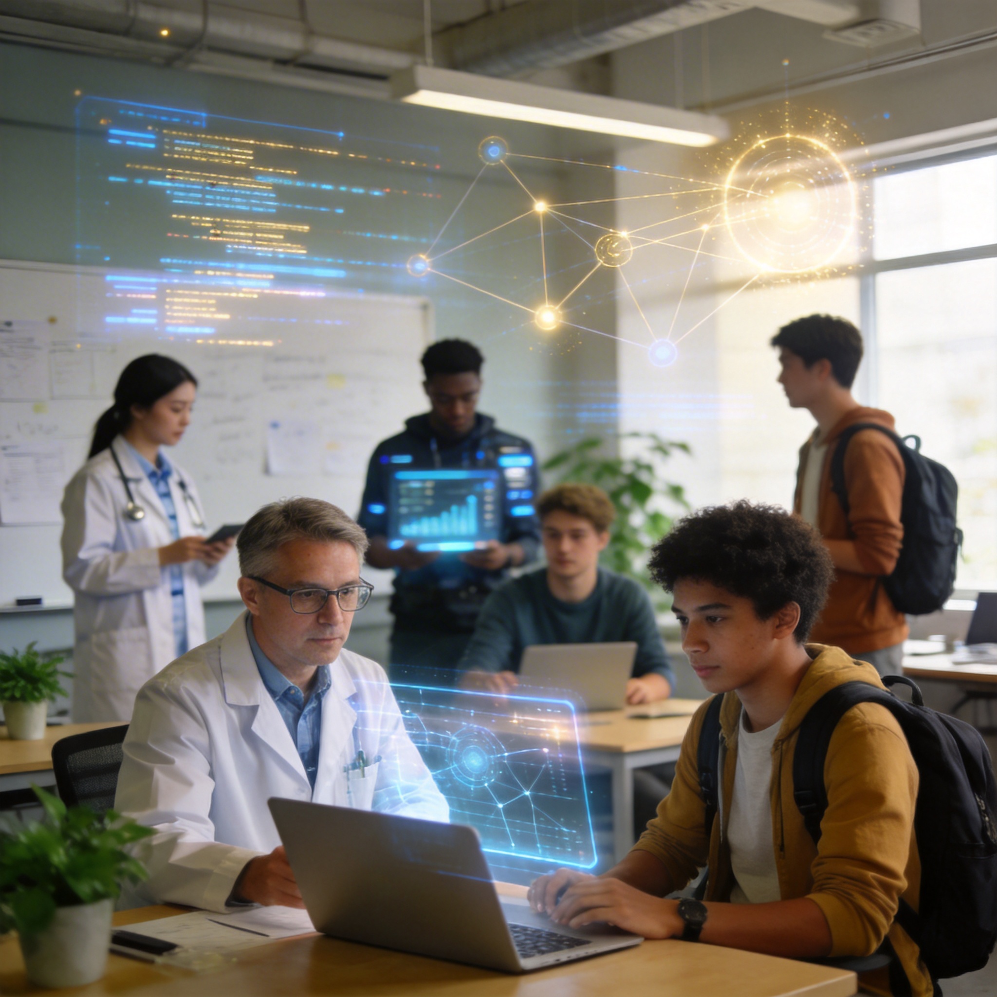 Professionals interacting with holographic interfaces, illustrating ClawManager's real-world applications.