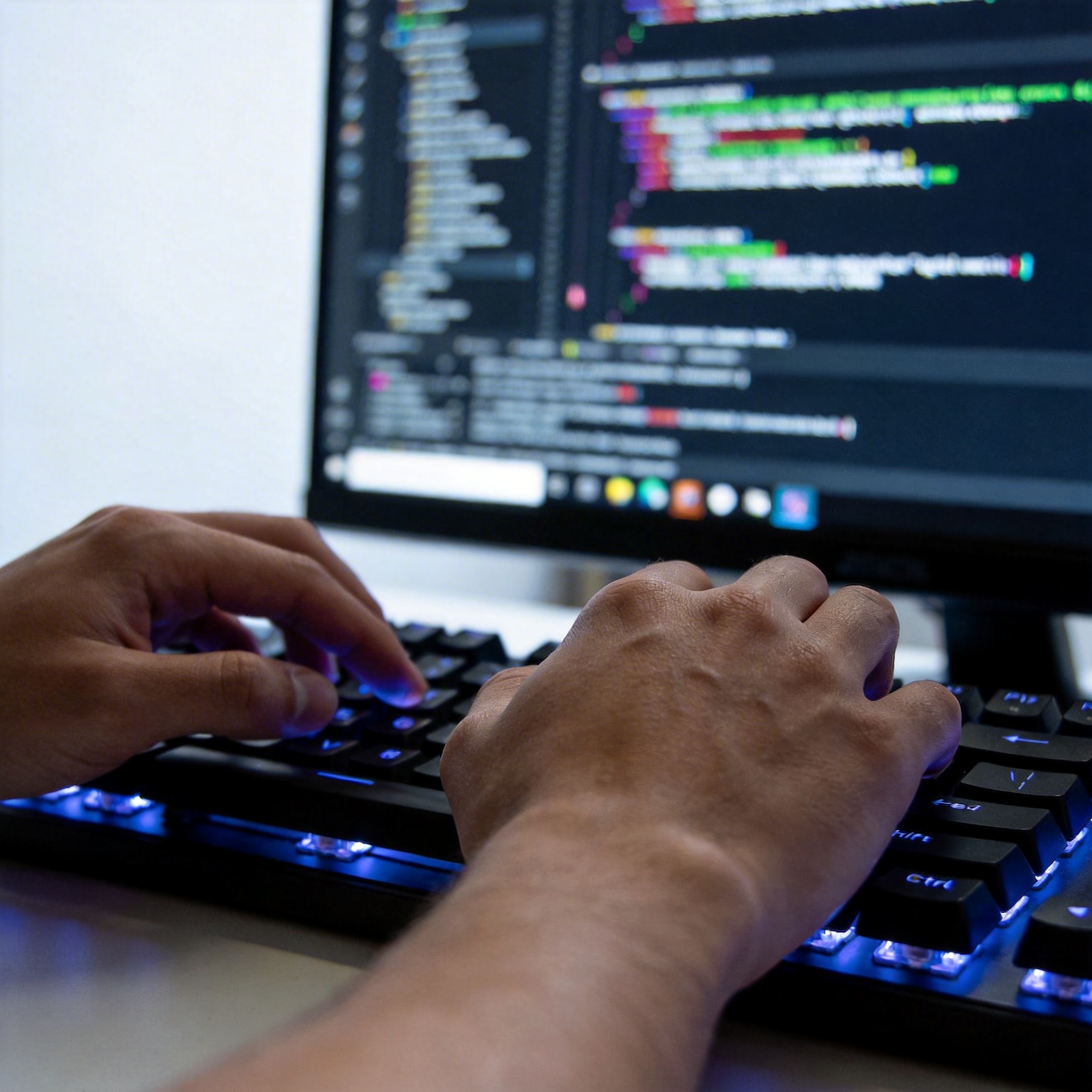 Developer's hands typing code on a keyboard, with a complex programming interface on screen.