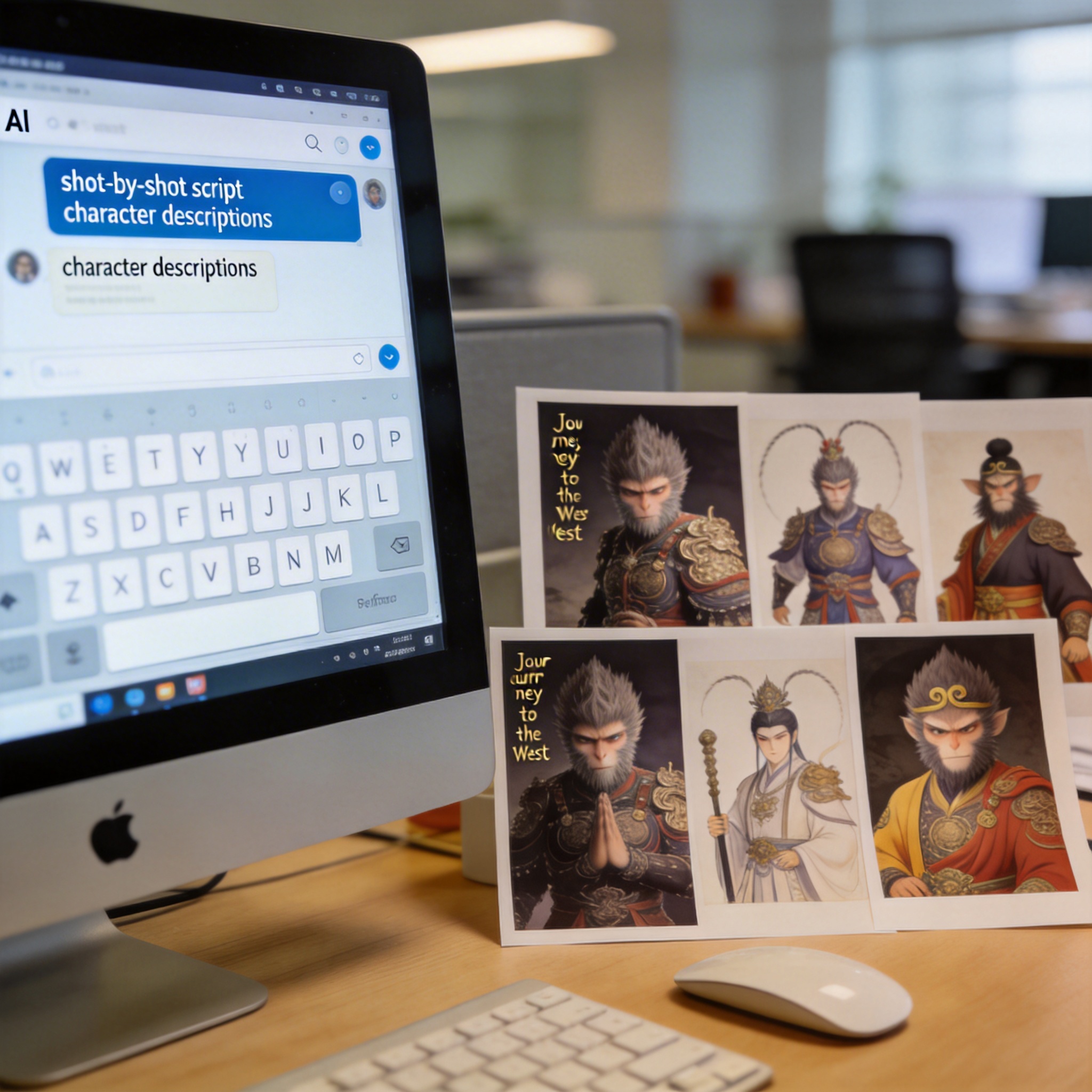 Computer screen showing an AI prompt for generating a shot-by-shot script, with character reference images nearby.