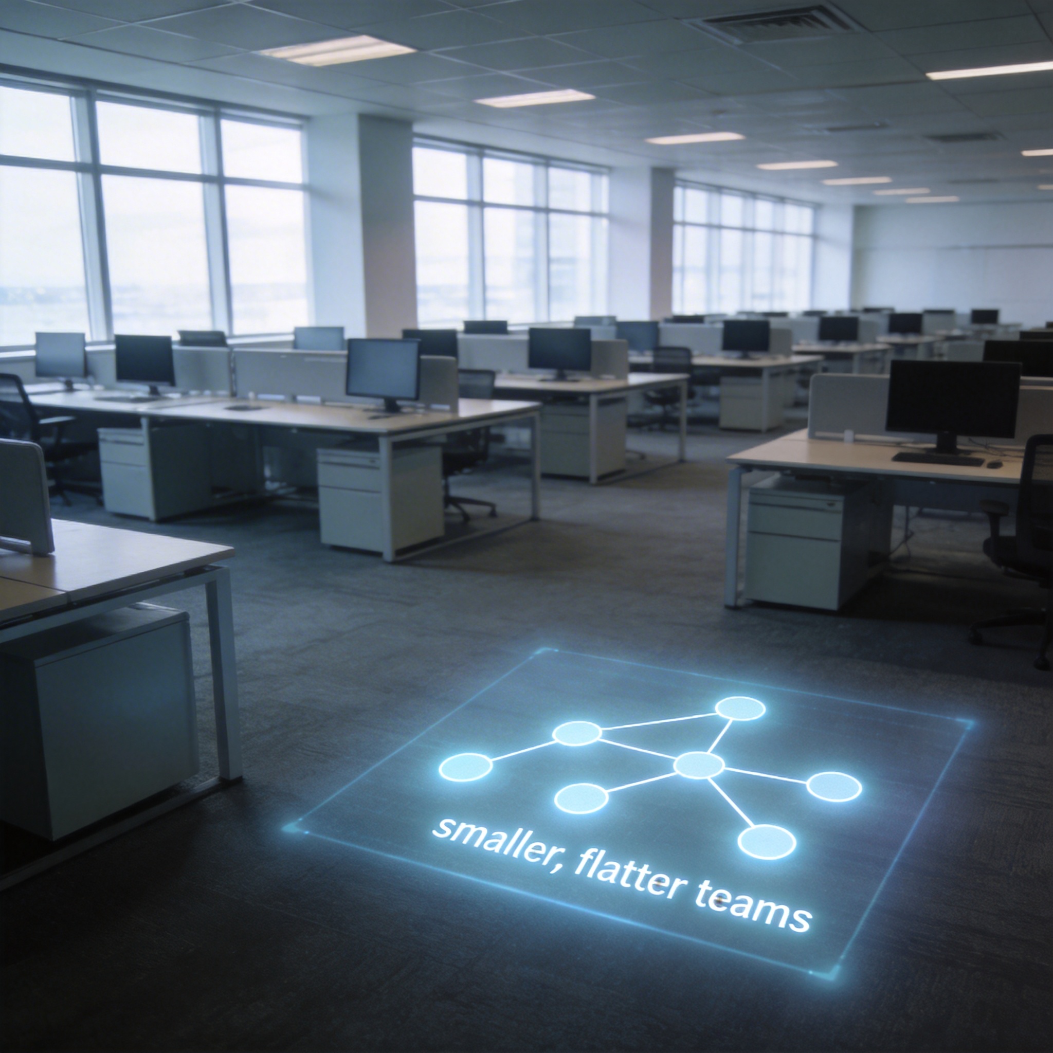 Empty corporate office with a holographic organizational chart, symbolizing workforce reduction and efficiency.