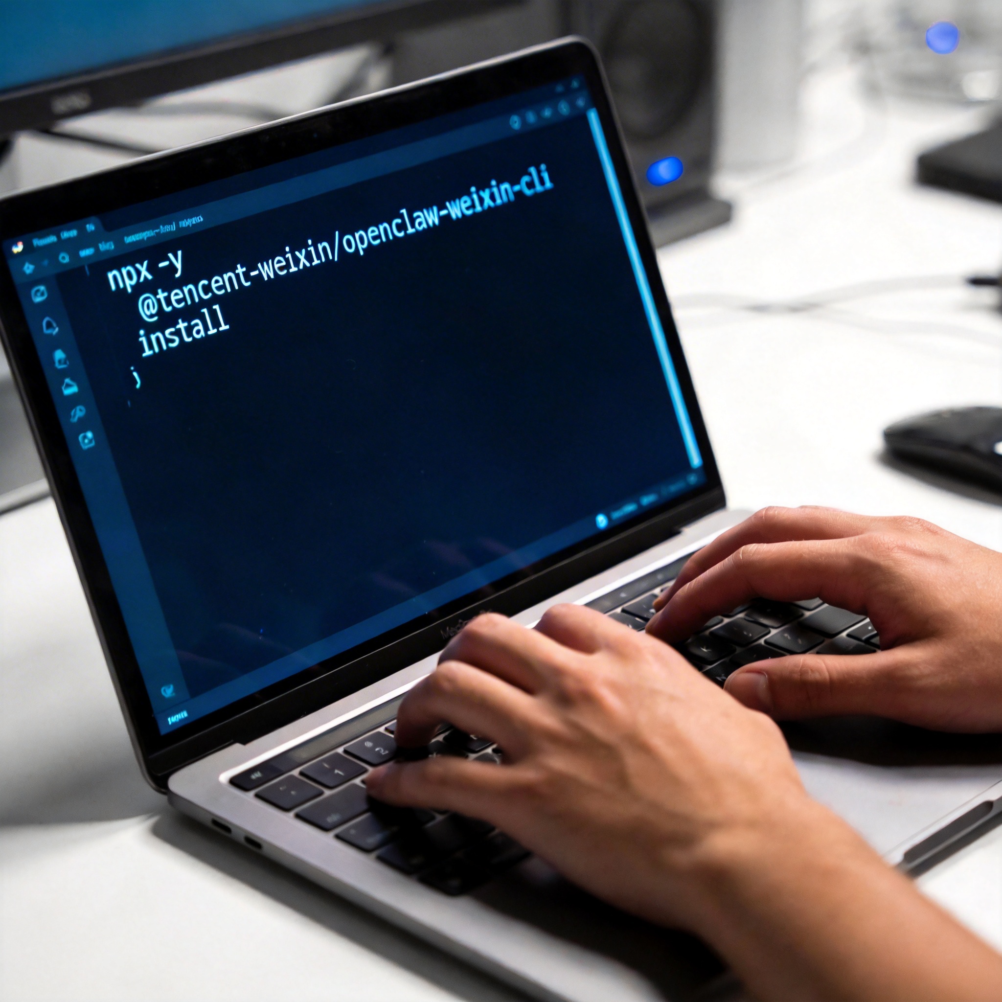 Developer typing 'npx -y @tencent-weixin/openclaw-weixin-cli install' command in a terminal on a laptop.
