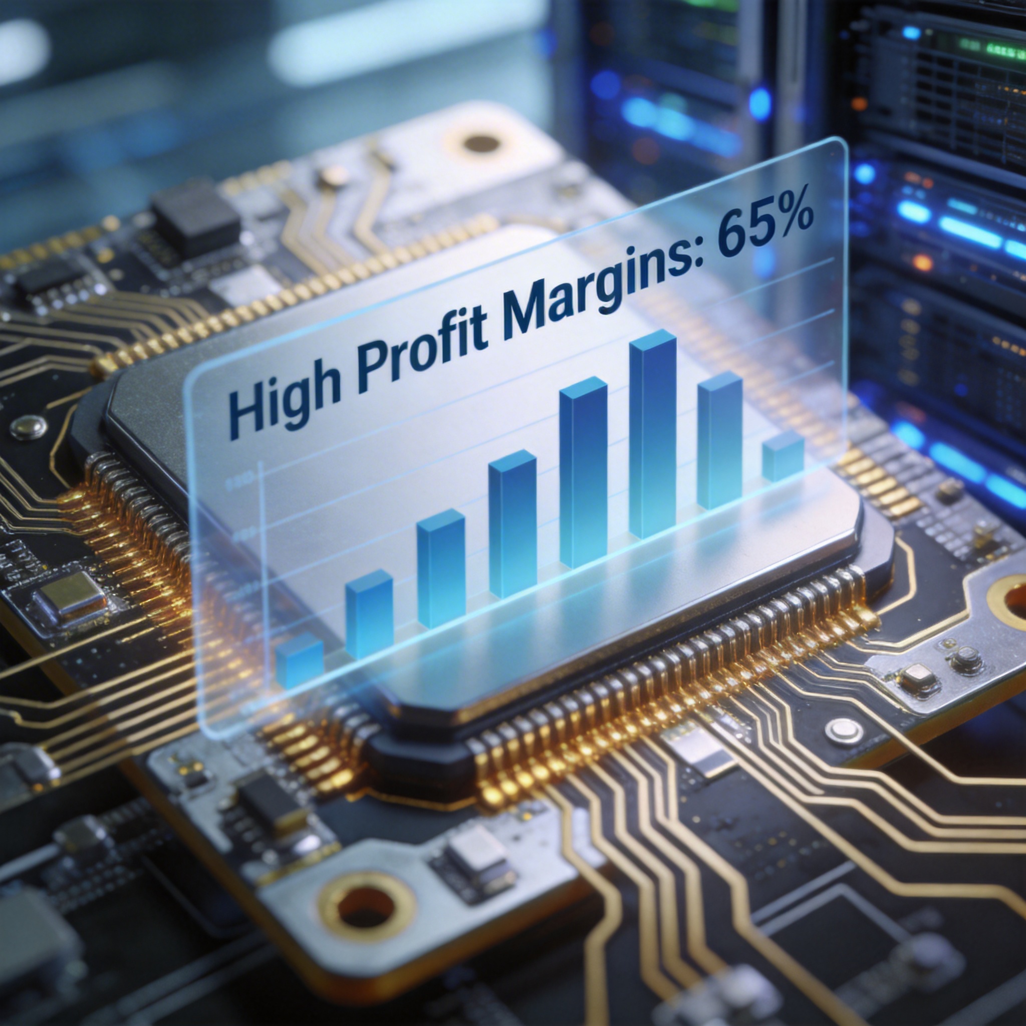 Close-up of an AI chip with a subtle overlay of a profit margin graph, illustrating ecosystem control.