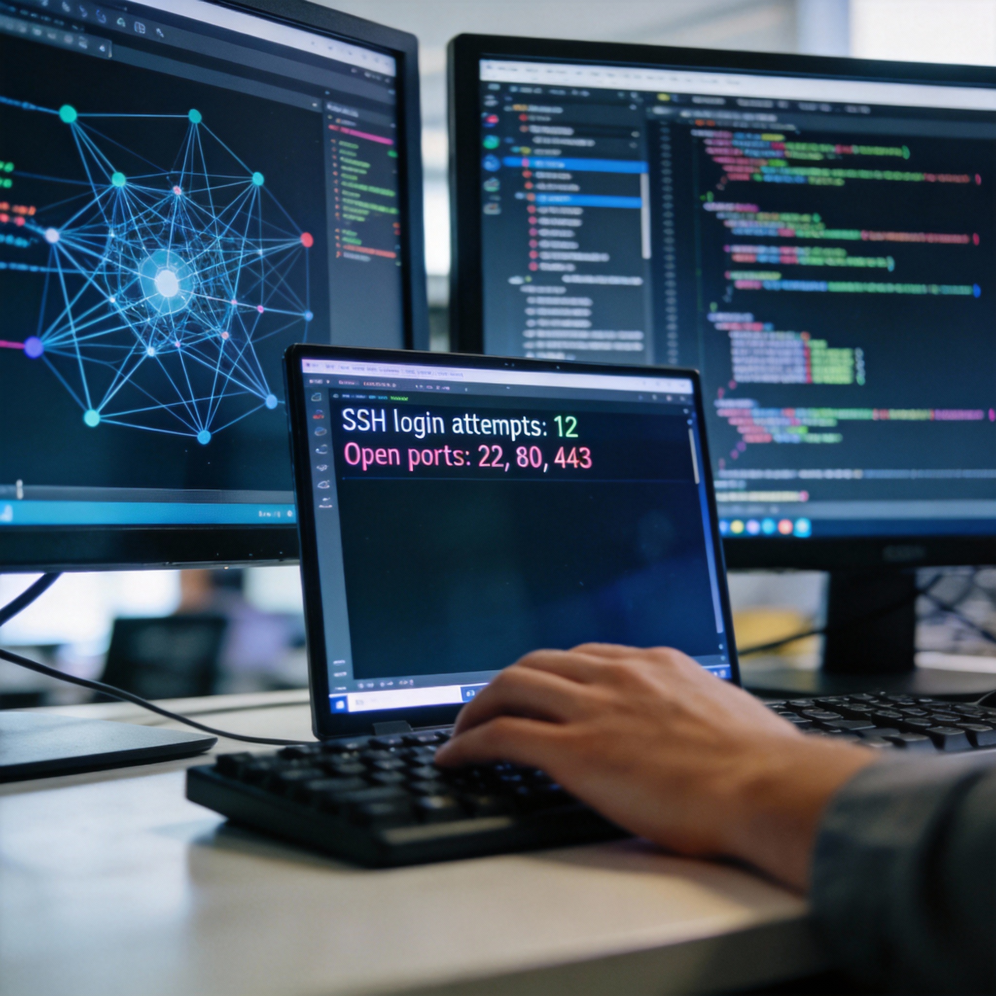 Developer workstation with screens displaying code, network diagrams, and security vulnerability reports.