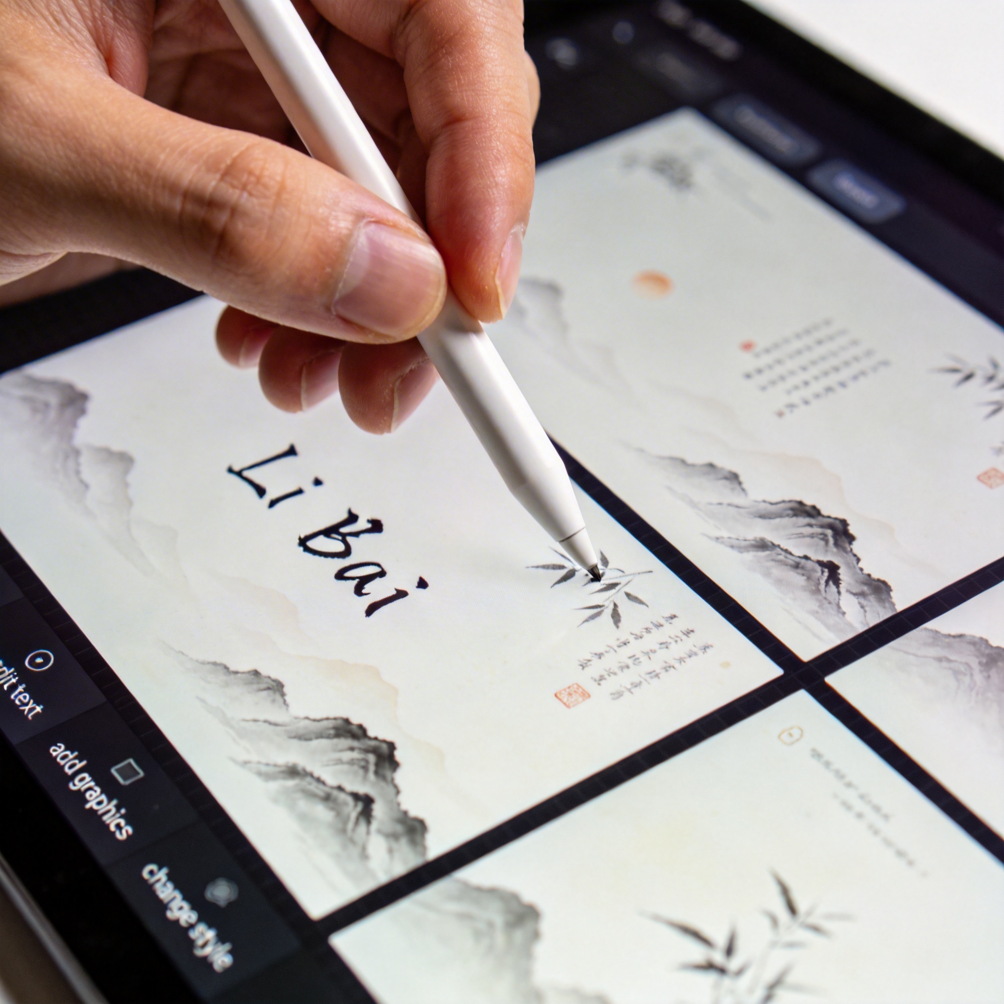 Hand using a stylus to edit an AI-generated presentation on a tablet, showing Chinese ink-style slides.