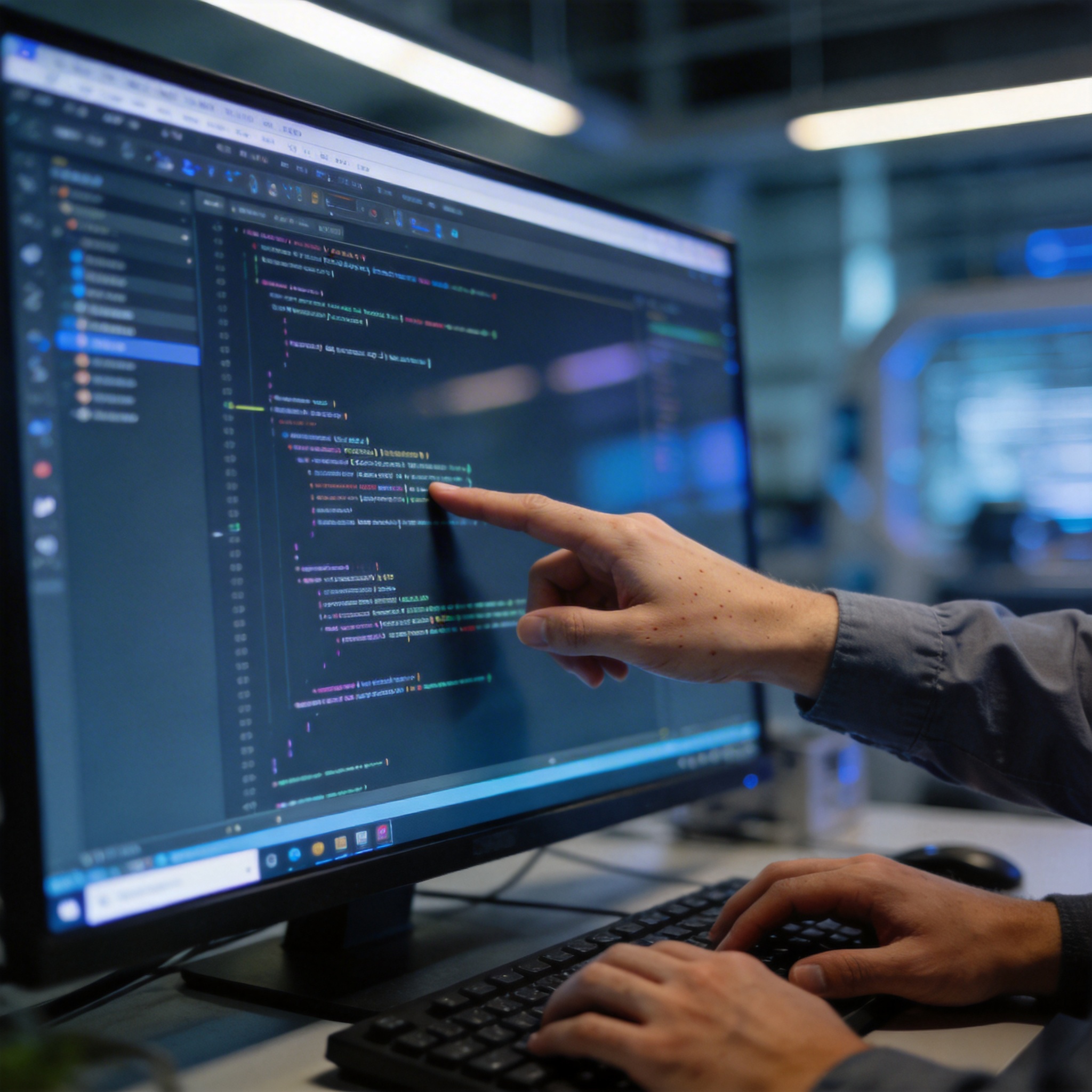 Designer and engineer collaborating on code in a modern AI lab, hands pointing at screen.