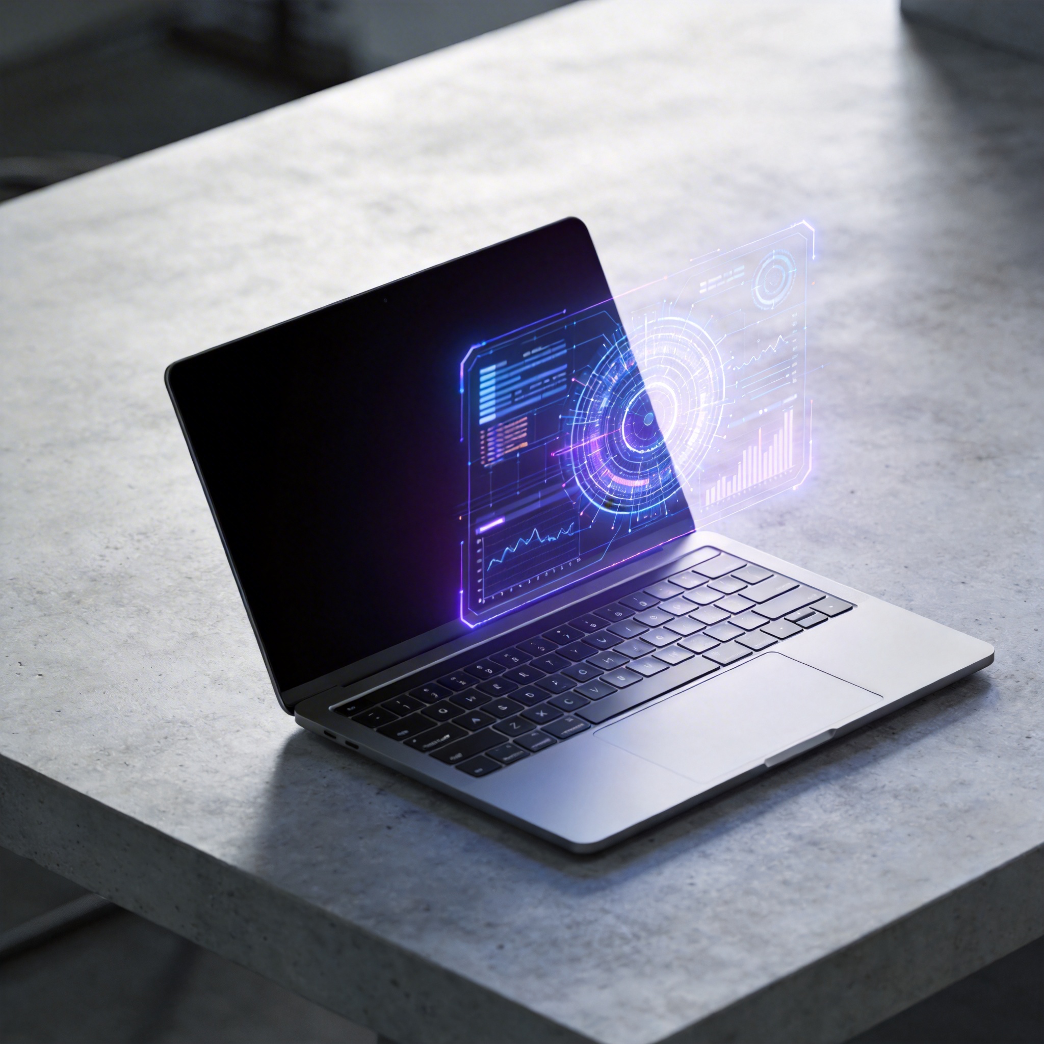 Holographic data visualization above a laptop, symbolizing AI's impact on office work.