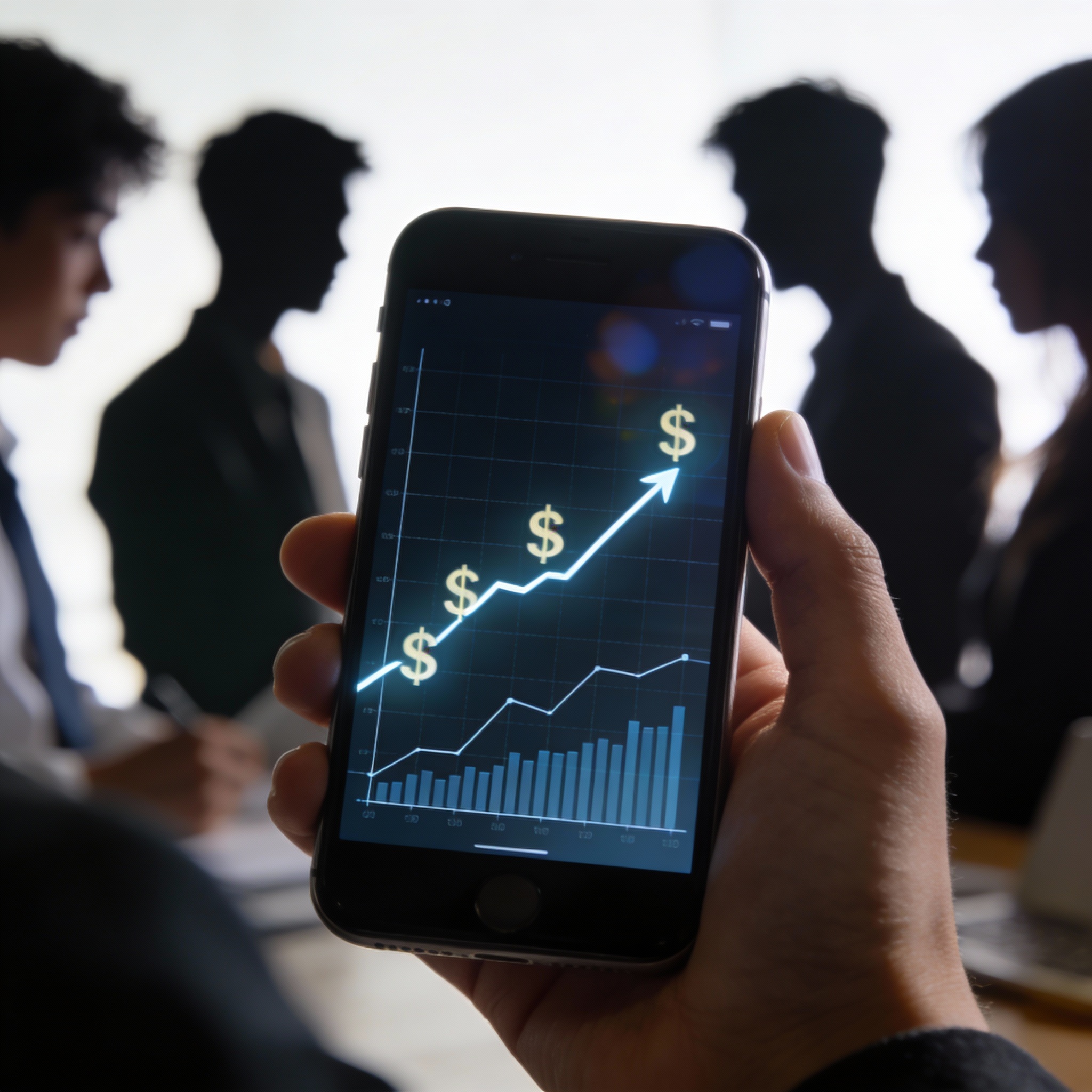 A hand holding a smartphone displaying an upward-trending financial graph with dollar signs, symbolizing high AI salaries.