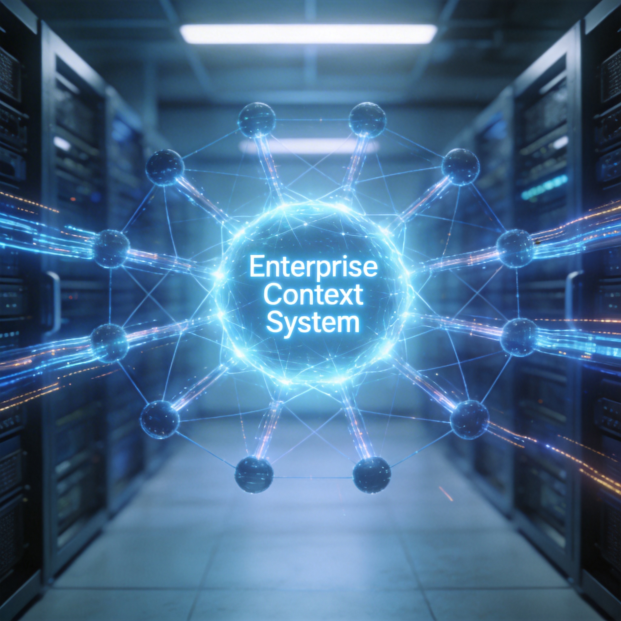 Abstract representation of an enterprise context system, showing data streams organizing into a central neural network hub.