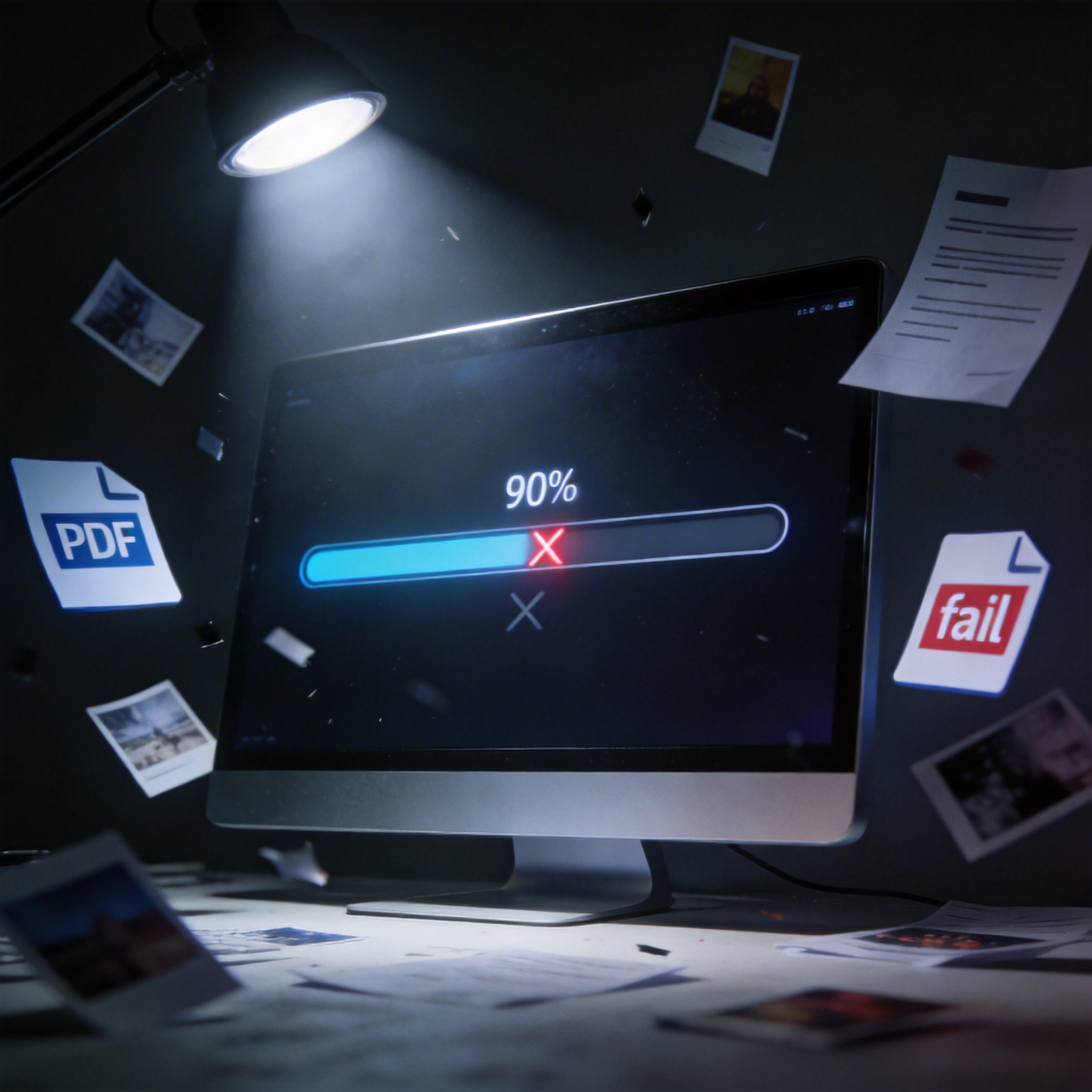 Digital progress bar stuck at 90% with failed upload icons, symbolizing Mixboard's upload limitations and instability.