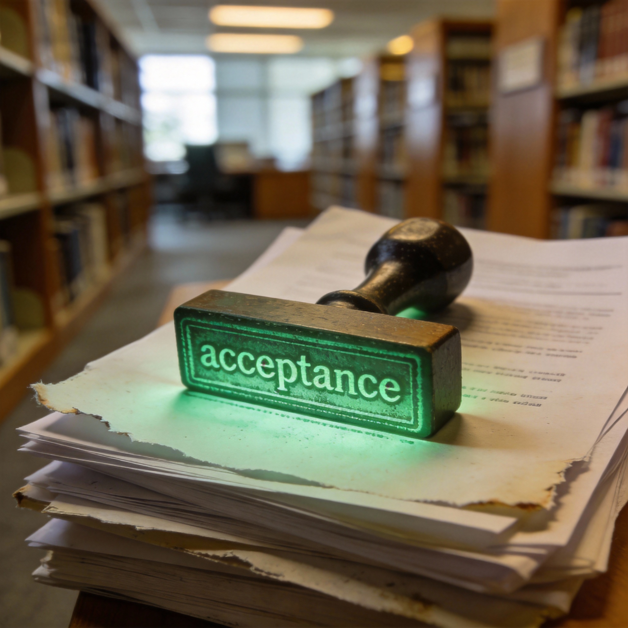 Digital 'accepted' stamp on a stack of academic papers, symbolizing research success.