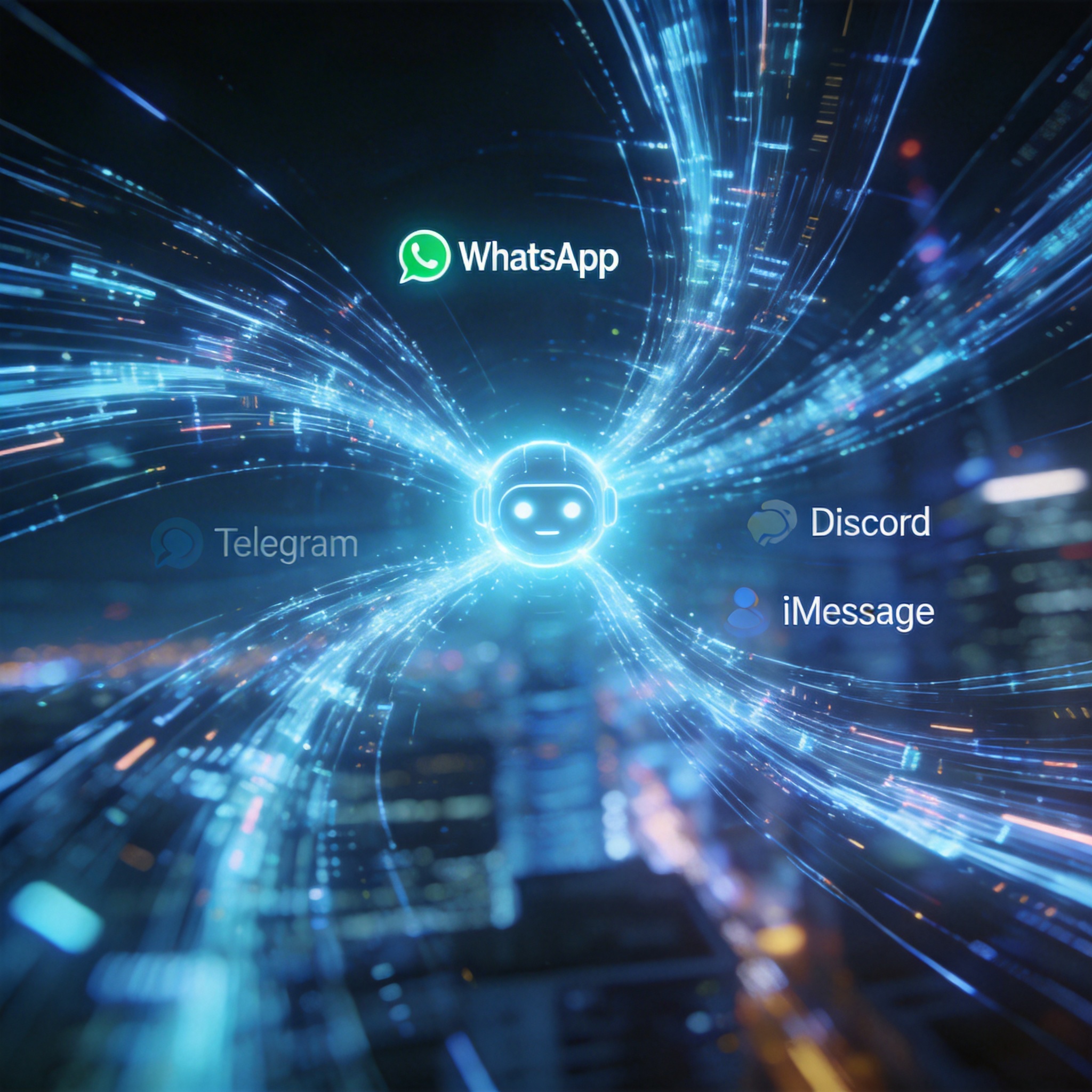 Abstract representation of digital communication channels converging into an AI agent, with messaging app icons.