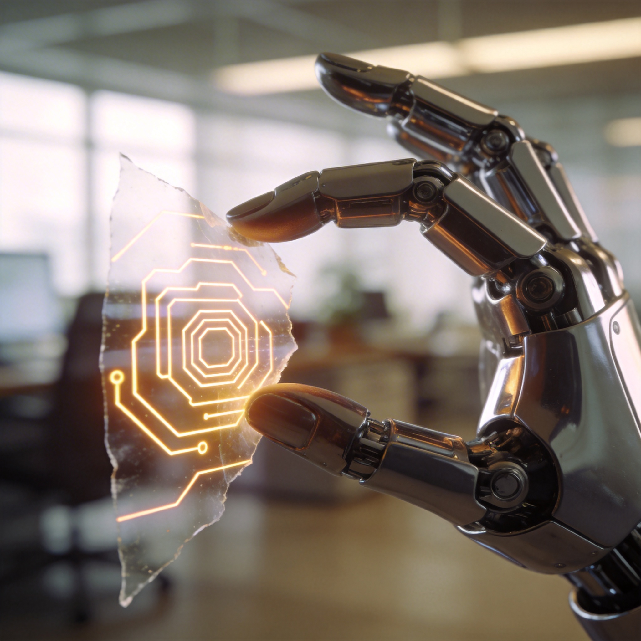 Abstract image of a robotic hand shedding a layer of restrictive, corporate-like code.