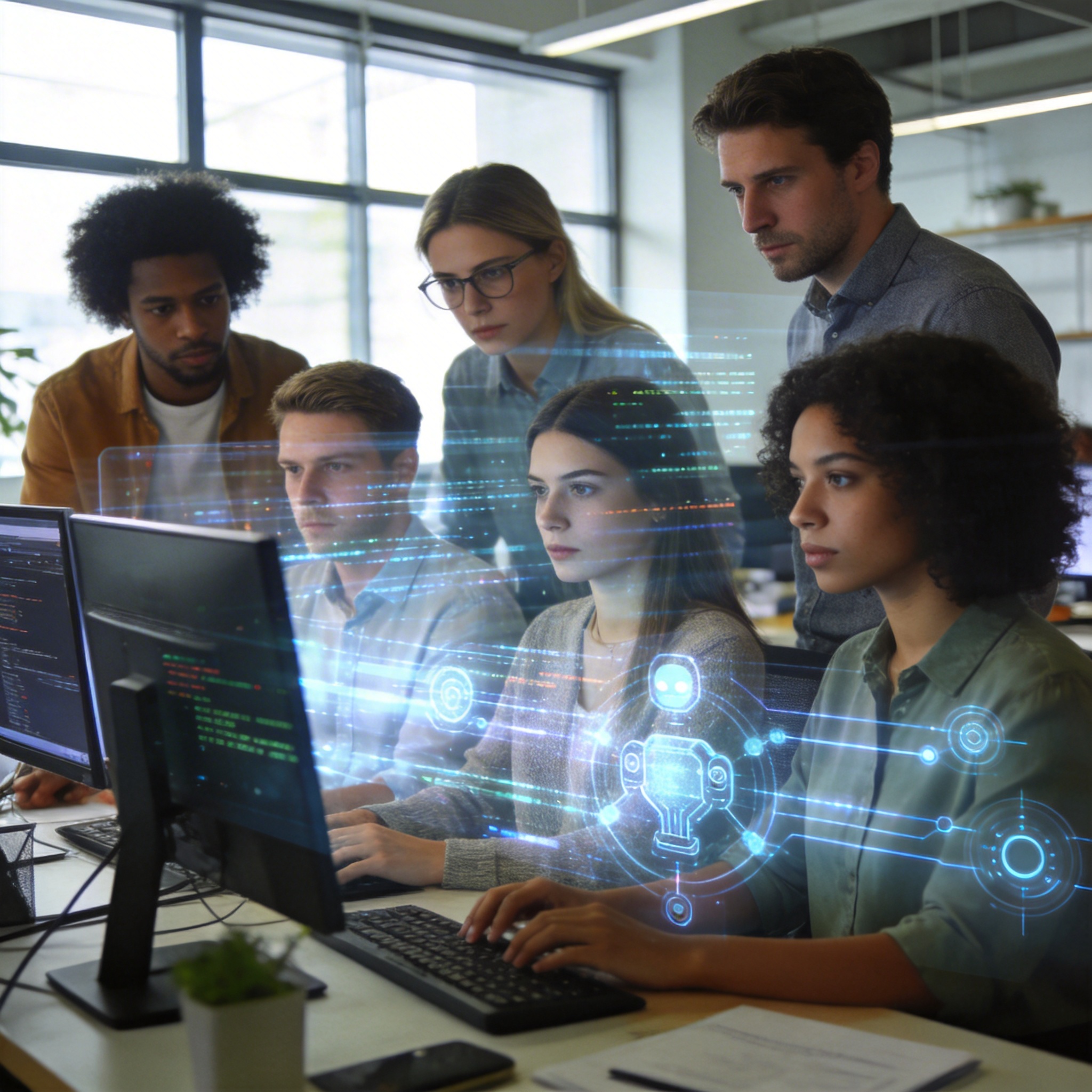 Diverse office workers in a modern open-plan office, with subtle digital data overlays symbolizing AI integration.