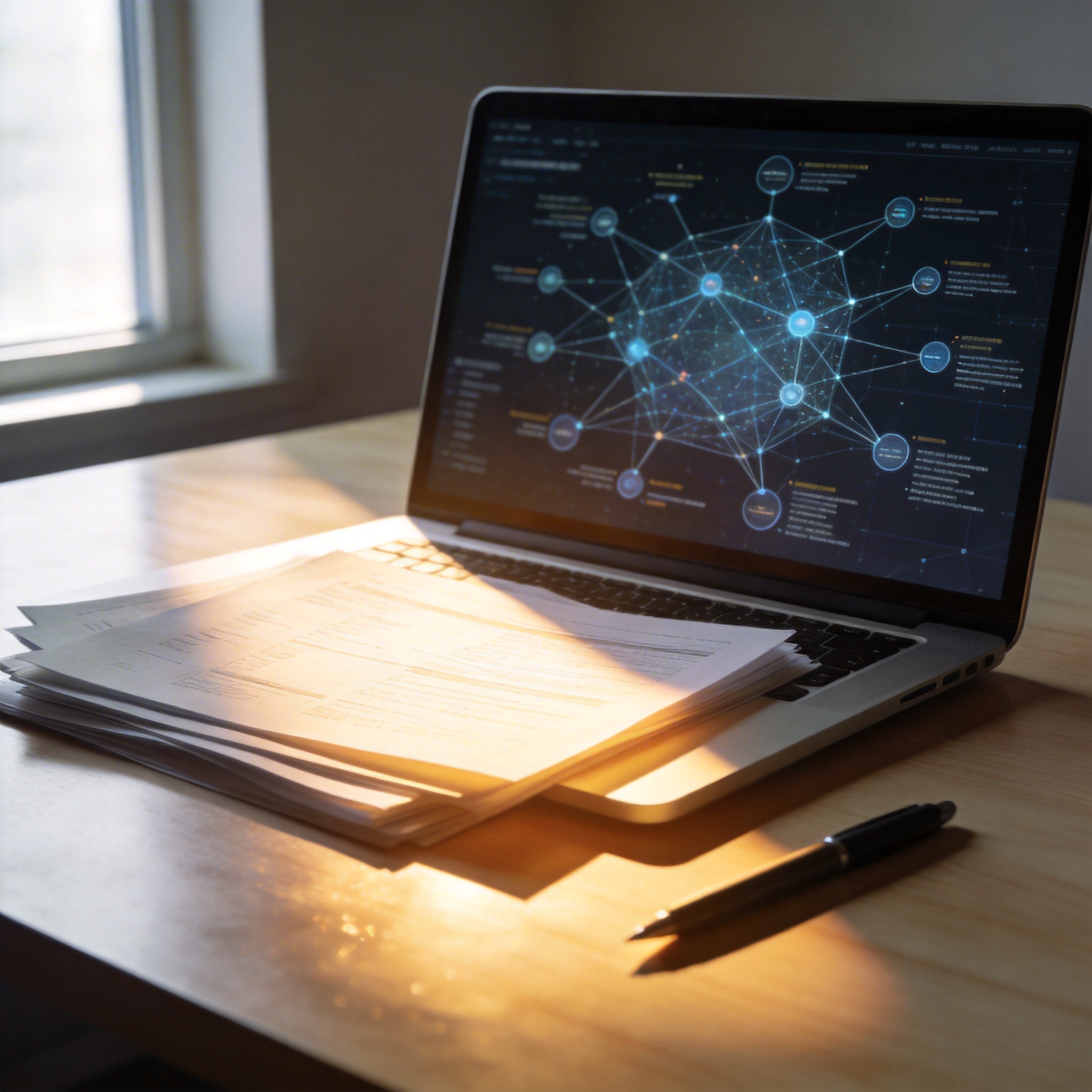 A laptop screen showing a dynamic knowledge graph, symbolizing an LLM compiling personal data into a structured encyclopedia.