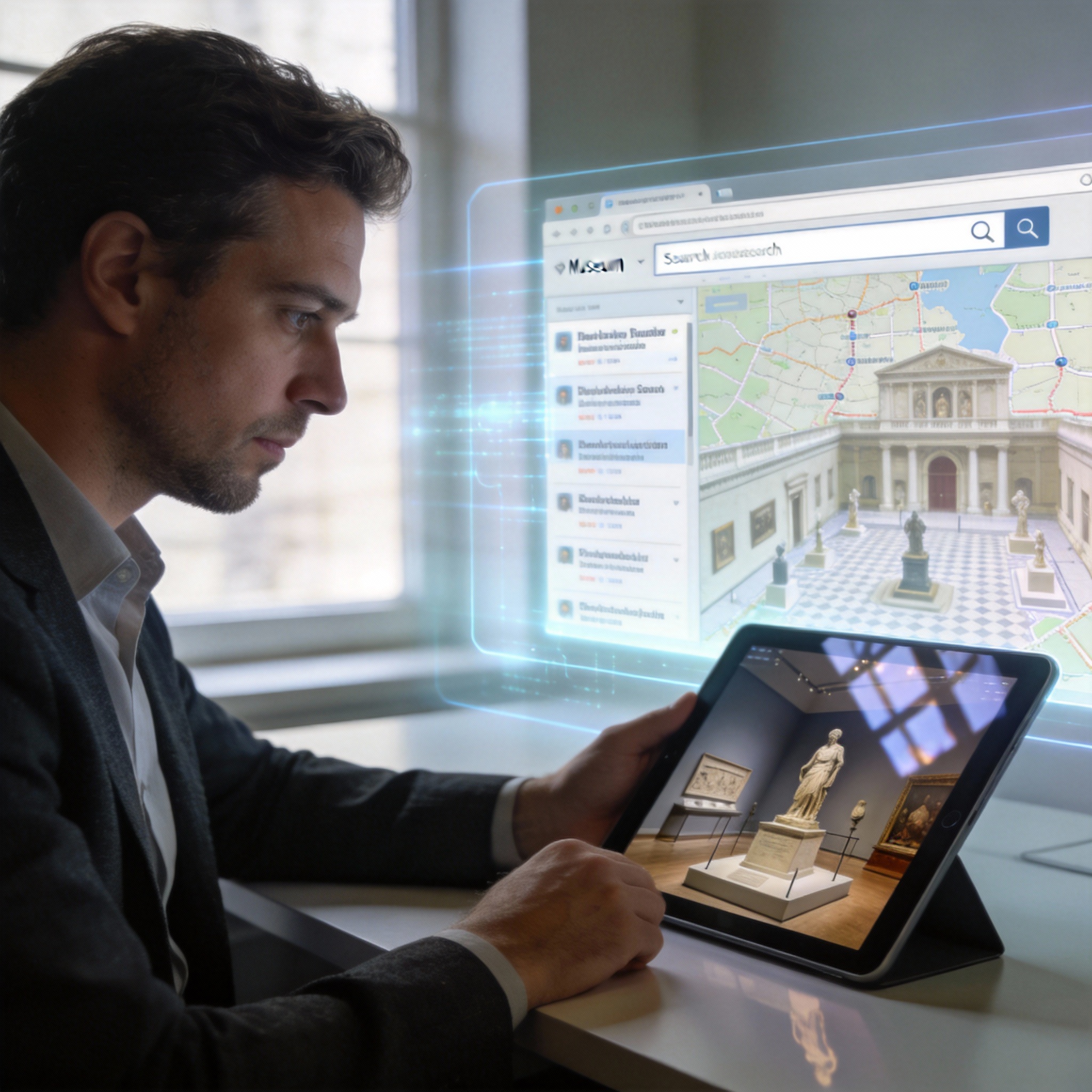 Person researching museum exhibit details using a tablet and holographic web search.