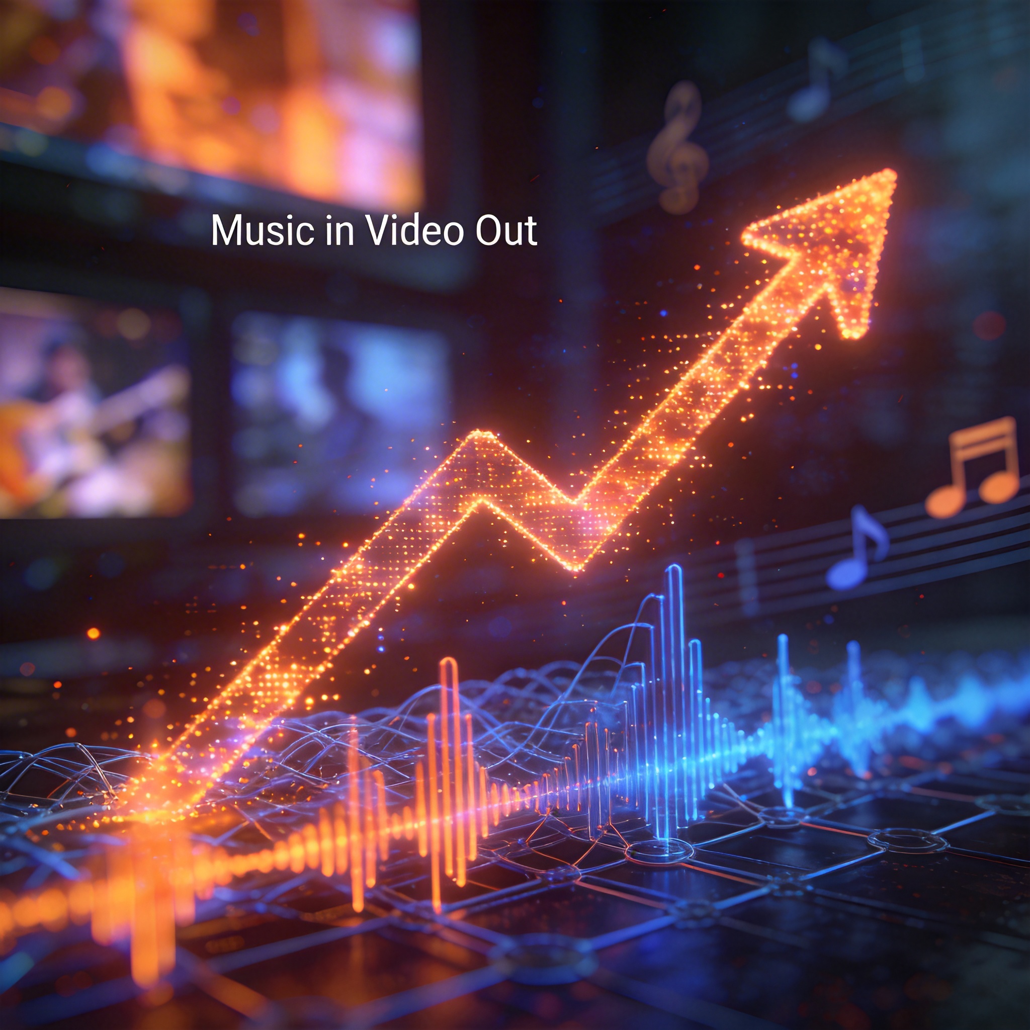 Glowing digital graph rising from audio waveforms, symbolizing rapid revenue growth in video AI.