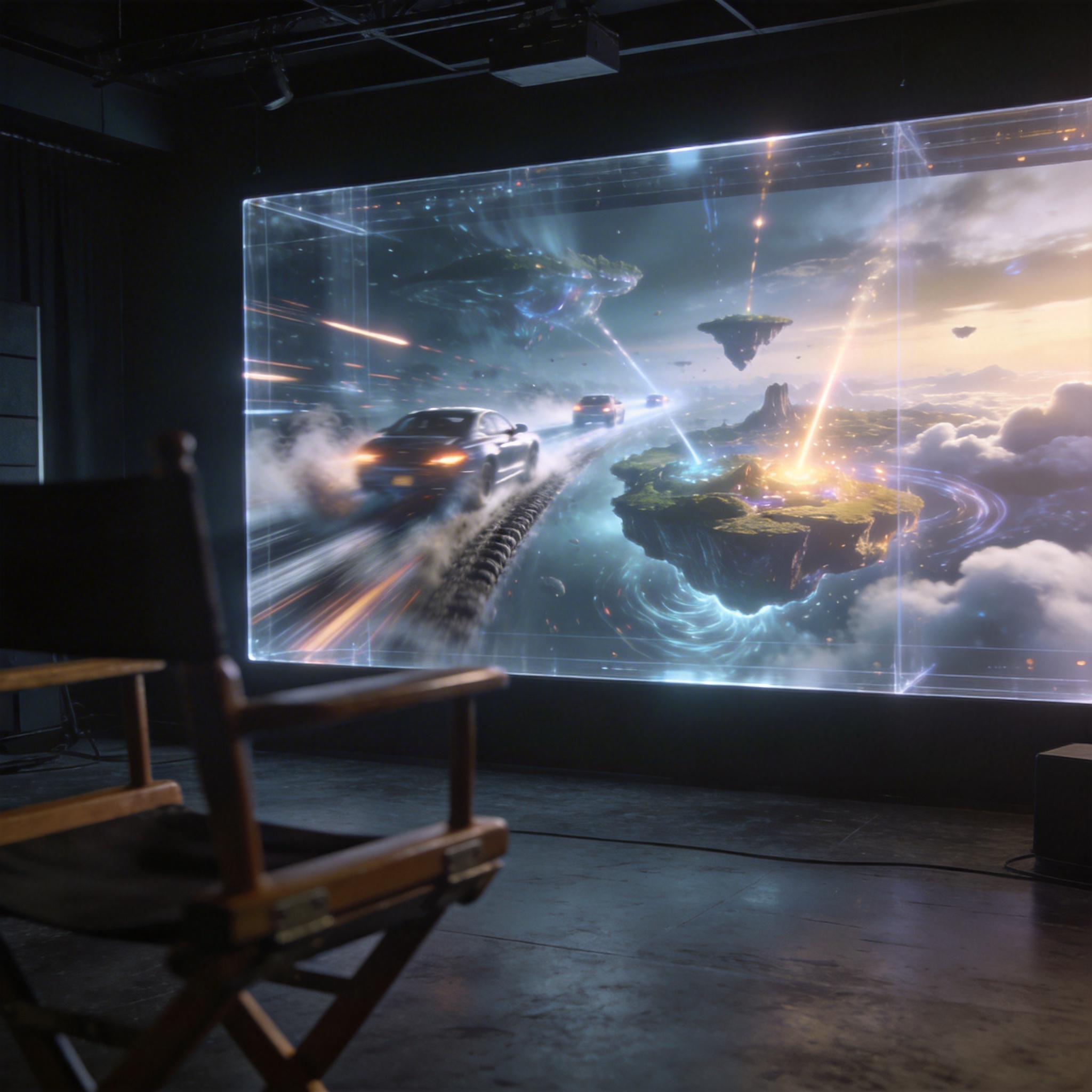 Director's chair in front of a screen showing a dynamic 15-second video clip, symbolizing advanced pre-visualization.