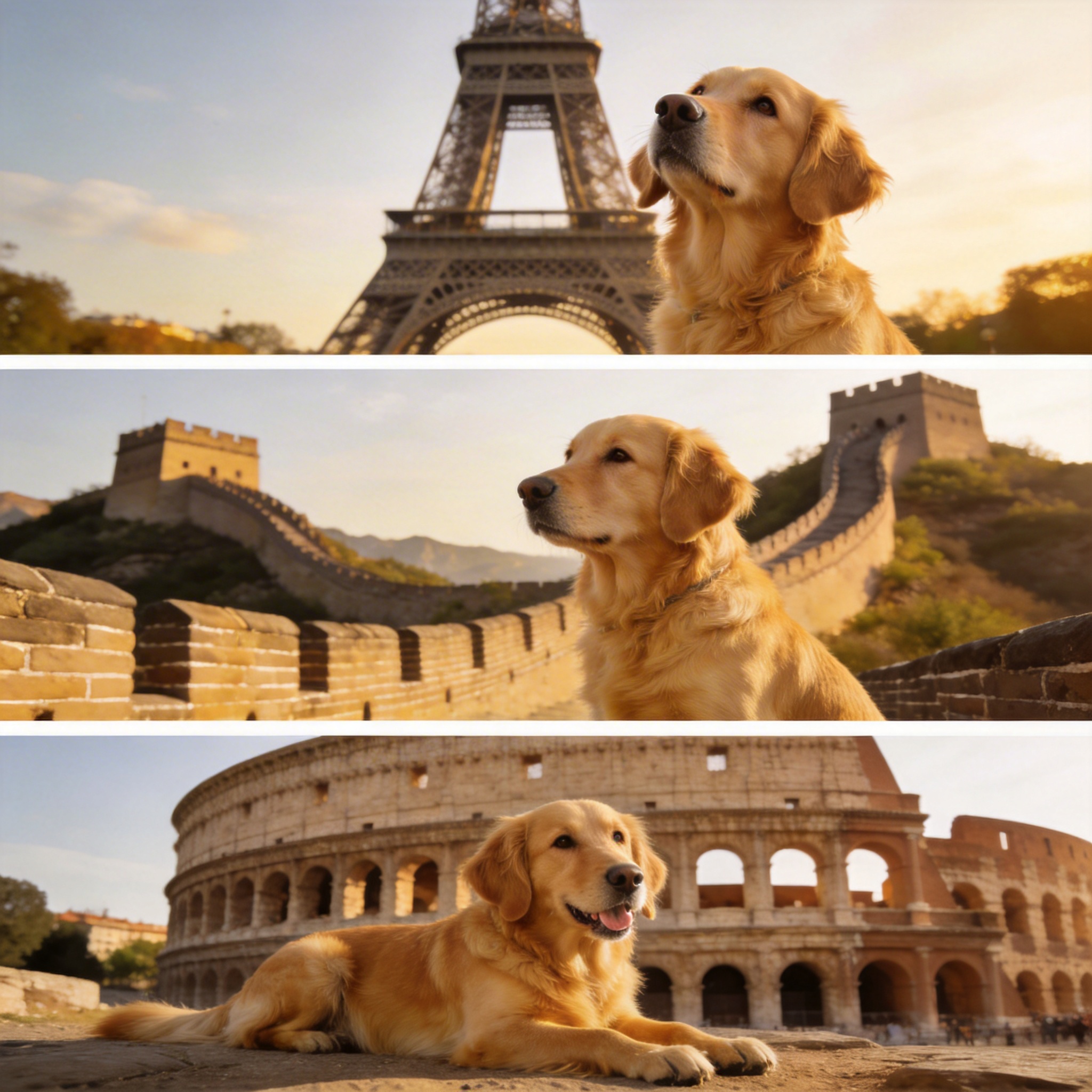 Three images showing the same golden retriever consistently placed in different global landmarks.