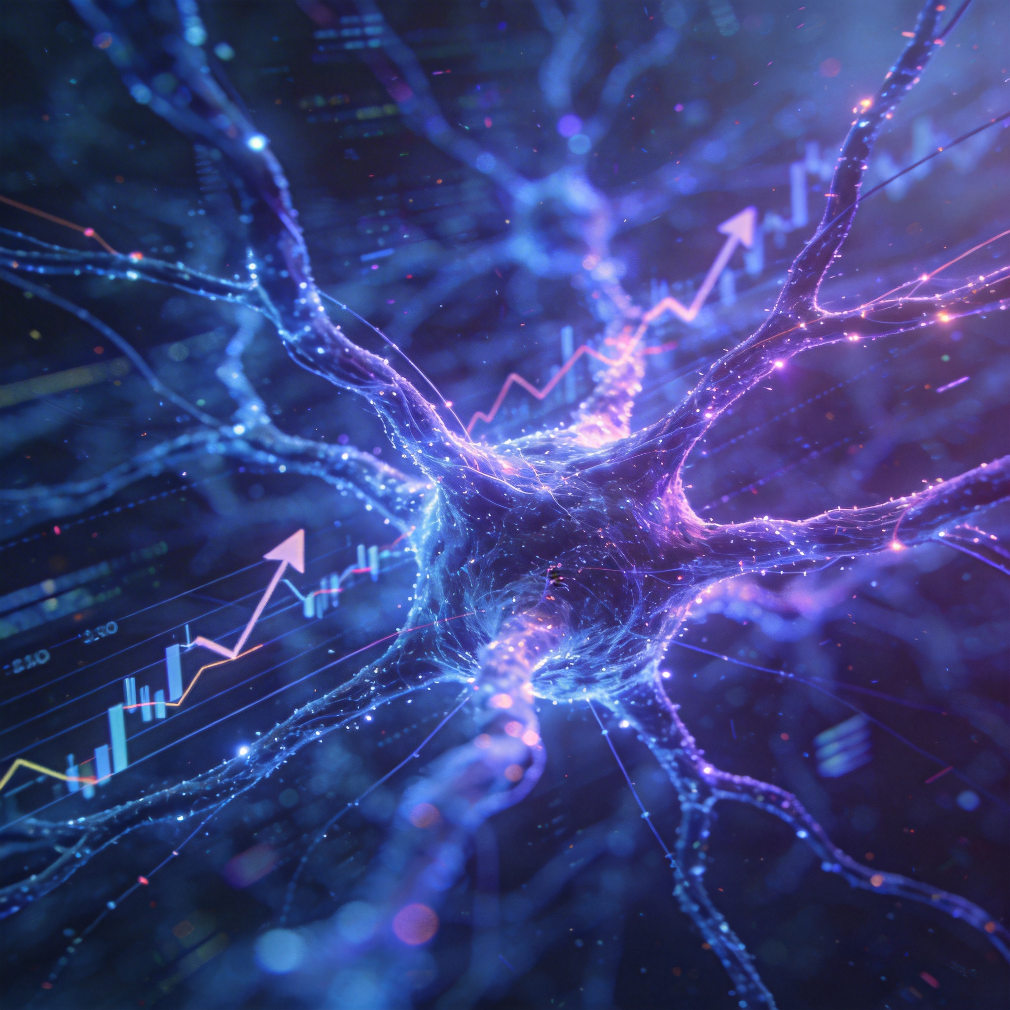 Abstract glowing neural pathways and data streams symbolizing the complex and evolving landscape of AI entrepreneurship and investment.