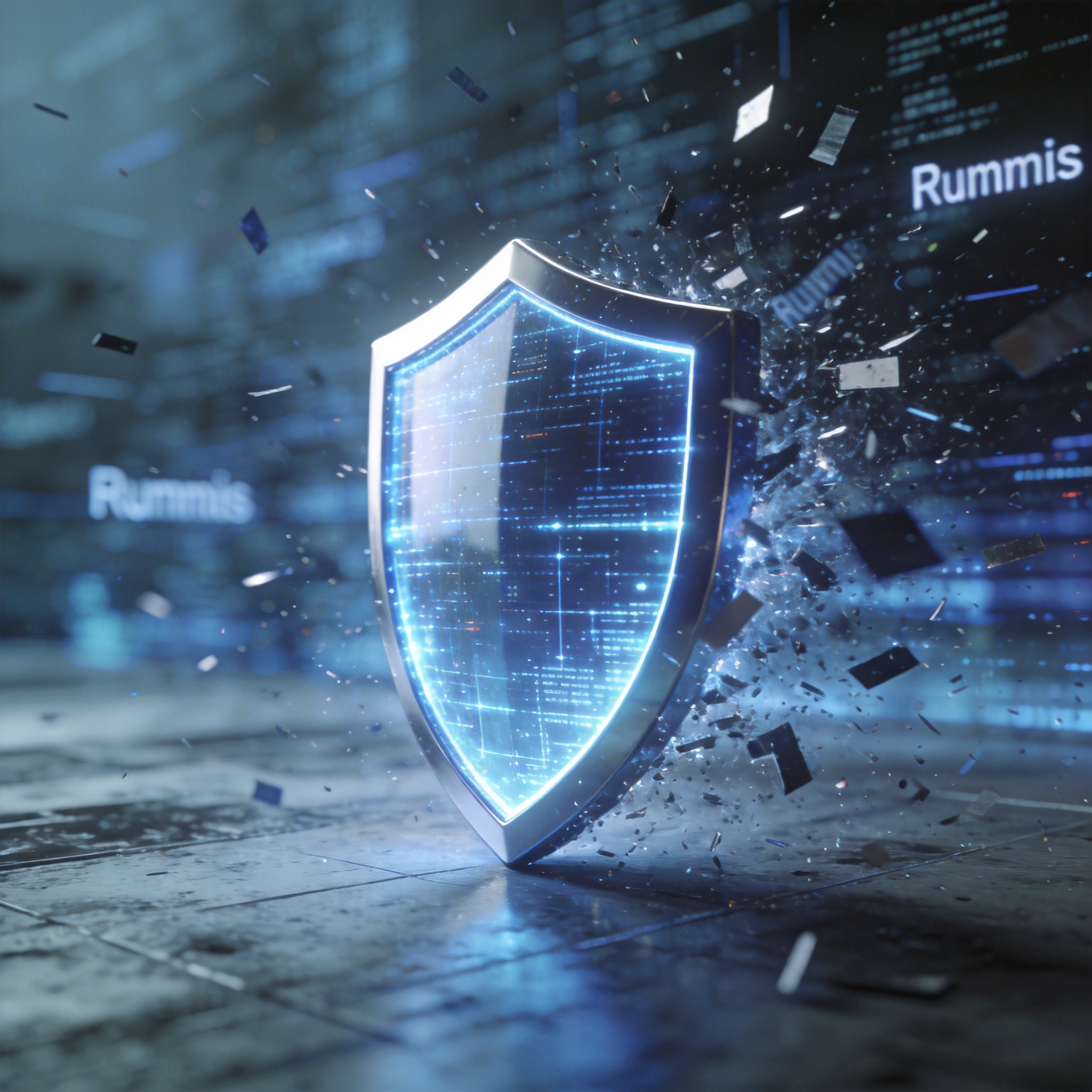 Abstract digital shield deflecting chaotic elements, symbolizing the debunking of rumors.