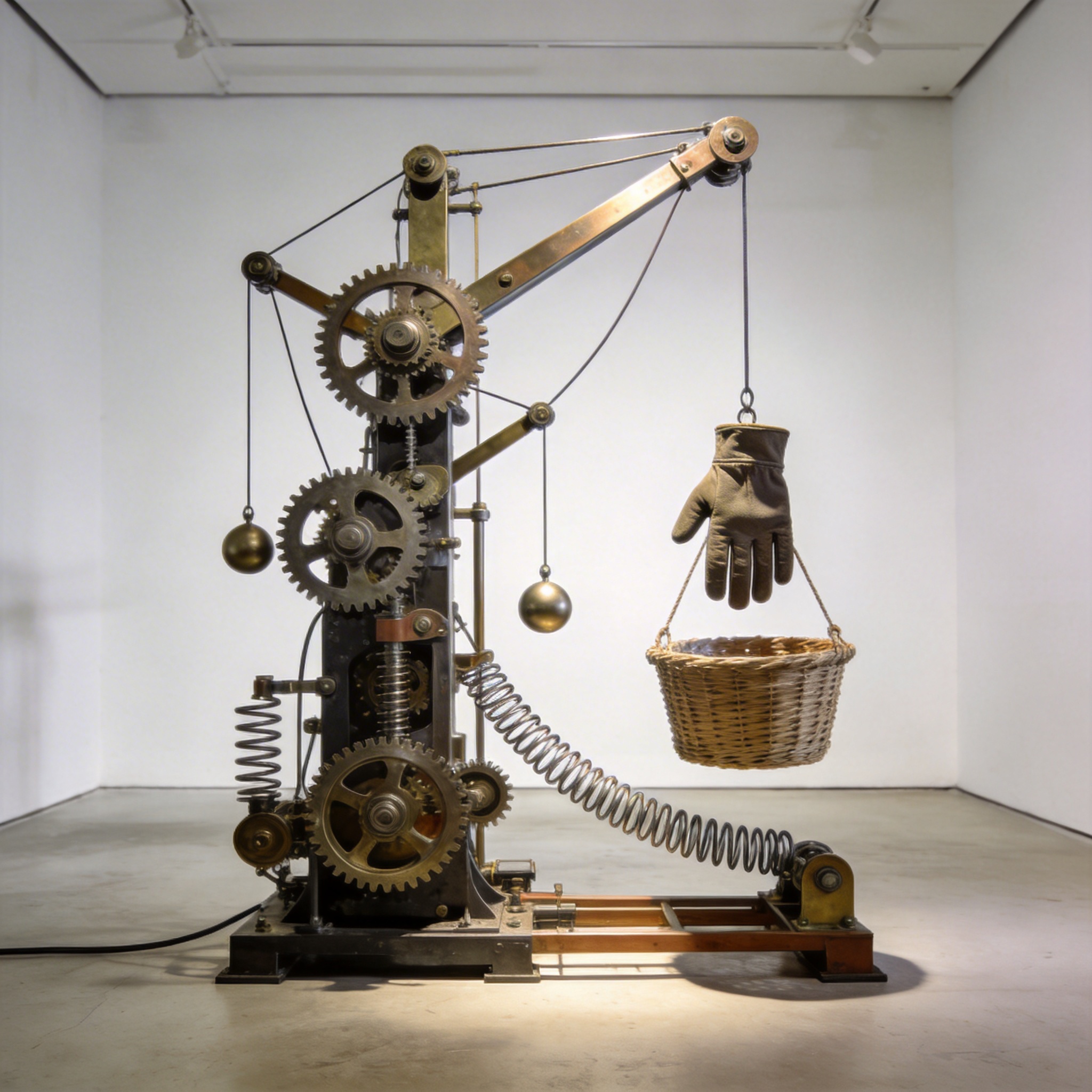 Overly complex Rube Goldberg machine performing a simple task, symbolizing over-engineering in AI solutions.