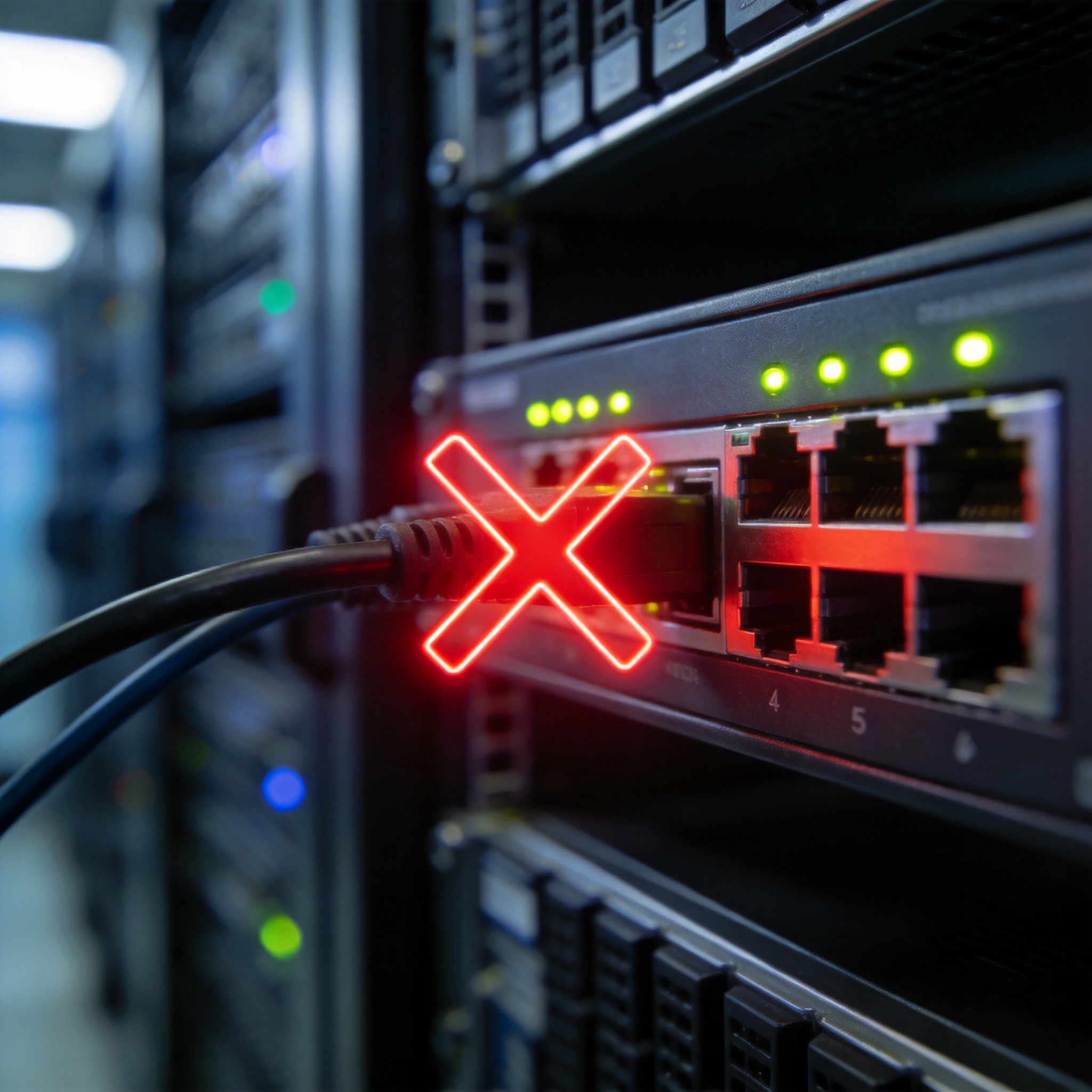 Network router with a red 'STOP' symbol, representing blocked or protected network ports.