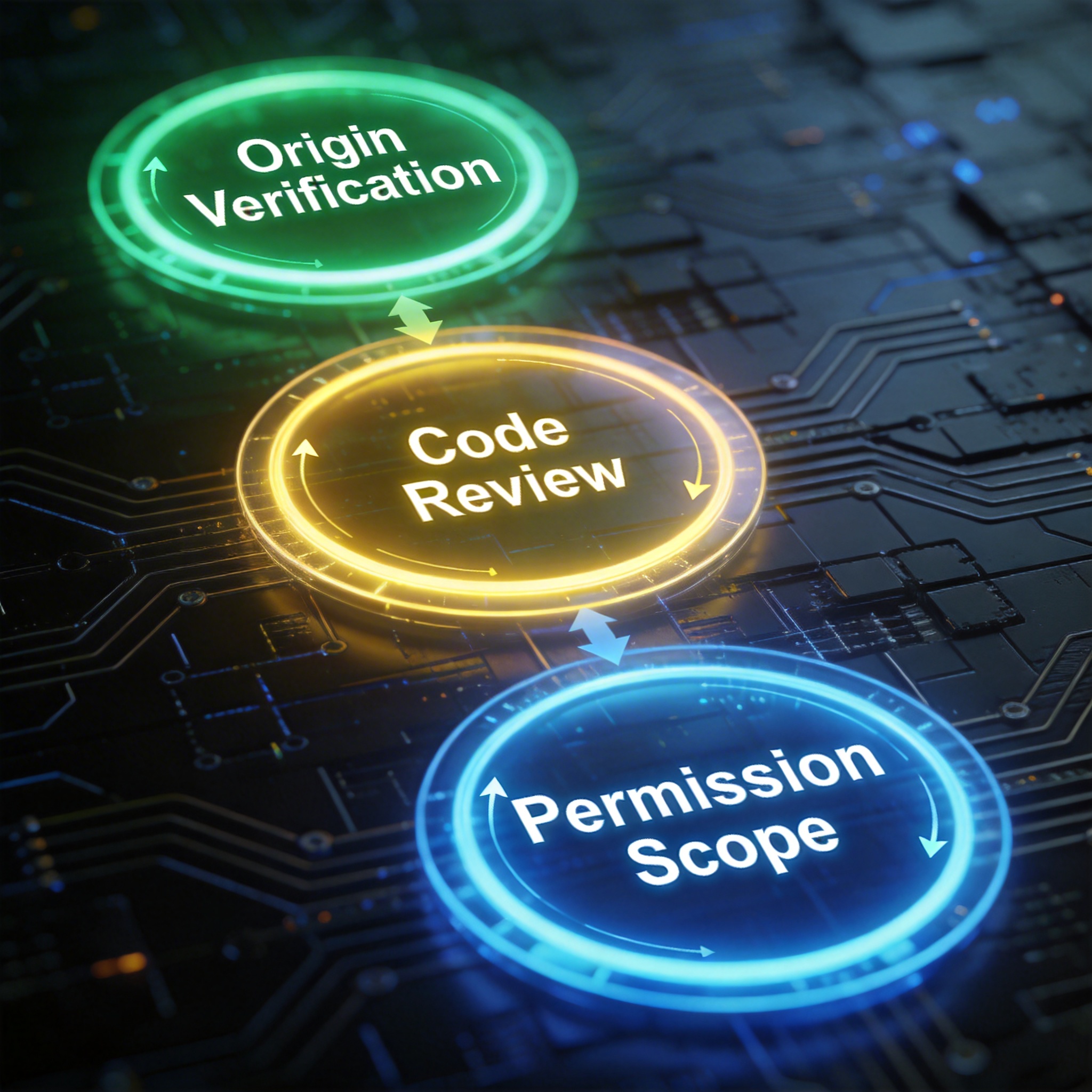 Three glowing digital circles representing 'Origin Verification', 'Code Review', and 'Permission Scope' in a security process.