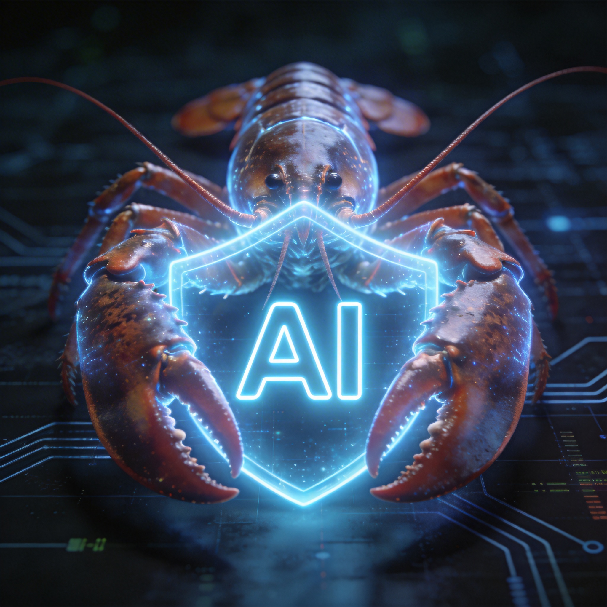 Digital lobster protecting an AI icon, symbolizing 'Lobster Manager' security.