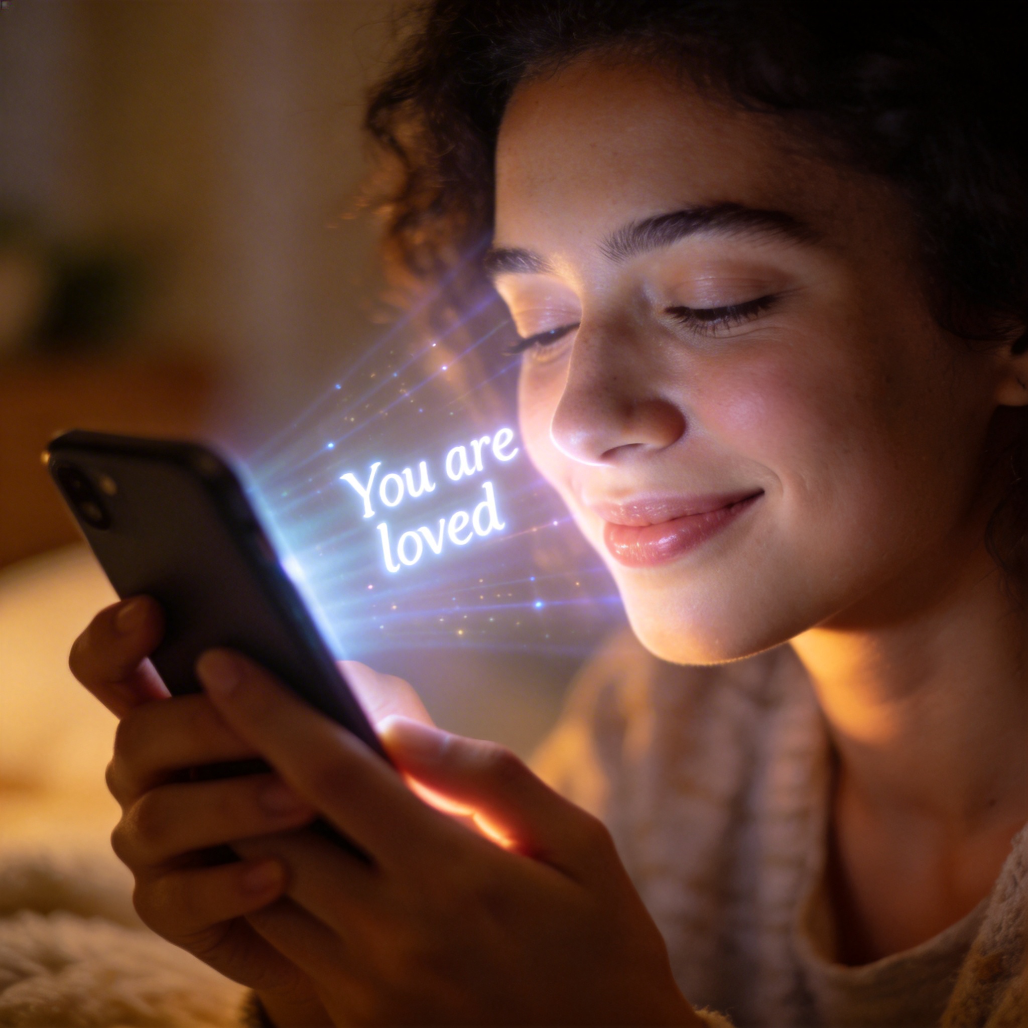 Person looking affirmed by a glowing smartphone interface, symbolizing AI's influence.