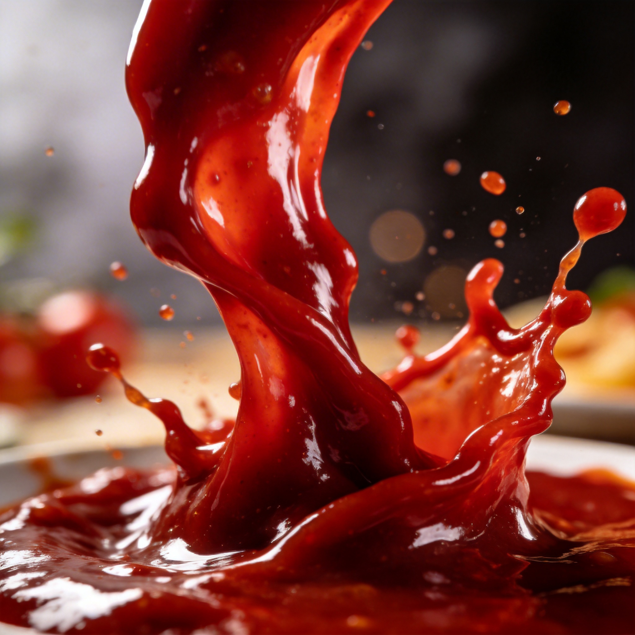Dynamic, high-quality CG rendering of a vibrant red sauce splash, showcasing AI's advanced animation capabilities.